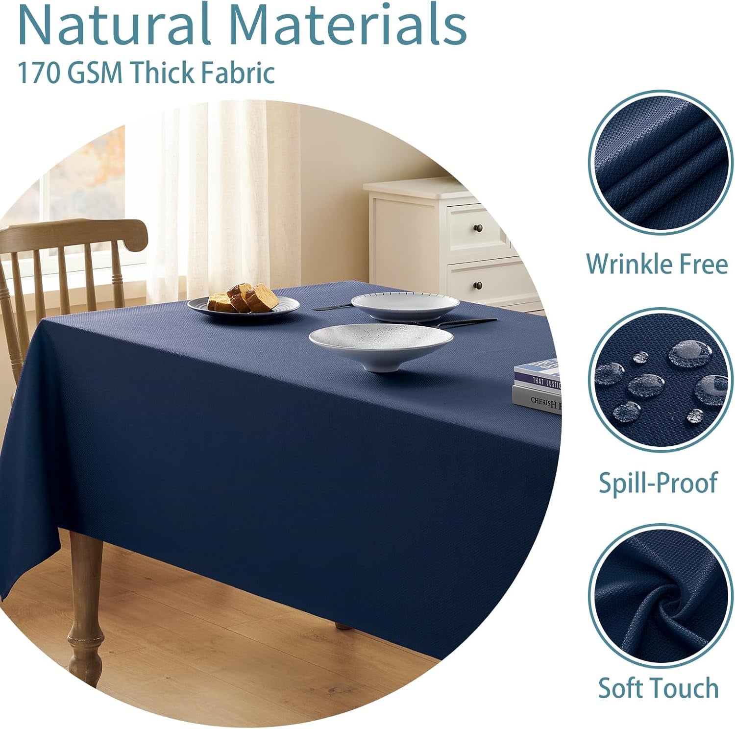 Textured Tablecloth Rectangle Waterproof Table Cloth, Washable Table Cover Wrinkle Free Fabric Tabletop Decoration for Kitchen, Dining, Wedding, Parties, 60 X 84 Inch, Navy Blue