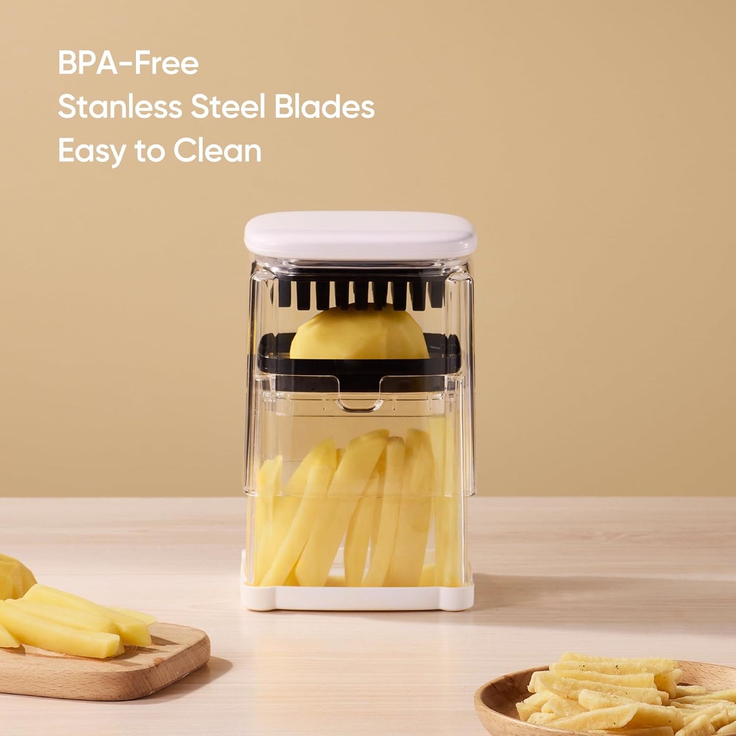 French Fry Cutter for Potato, Mandoline Slicer Vegetable Chopper Potato Slicer with 8-Wedge Blade & Dicer Grid, Bpa-Free Container, Versatile for Potatoes, Carrots, Cucumbers, Apple