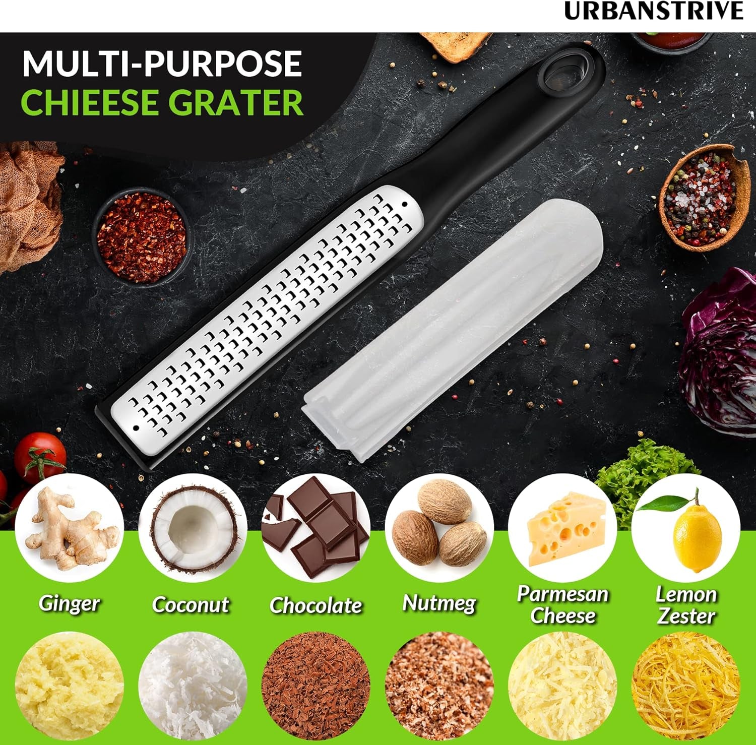 Cheese Grater with Handle, Lemon Zester Graters for Kitchen Stainless Steel, Hand Grater for Ginger Garlic Nutmeg Chocolate Fruits Vegetables, Sharp, Non-Slip Handle & Foot, Black