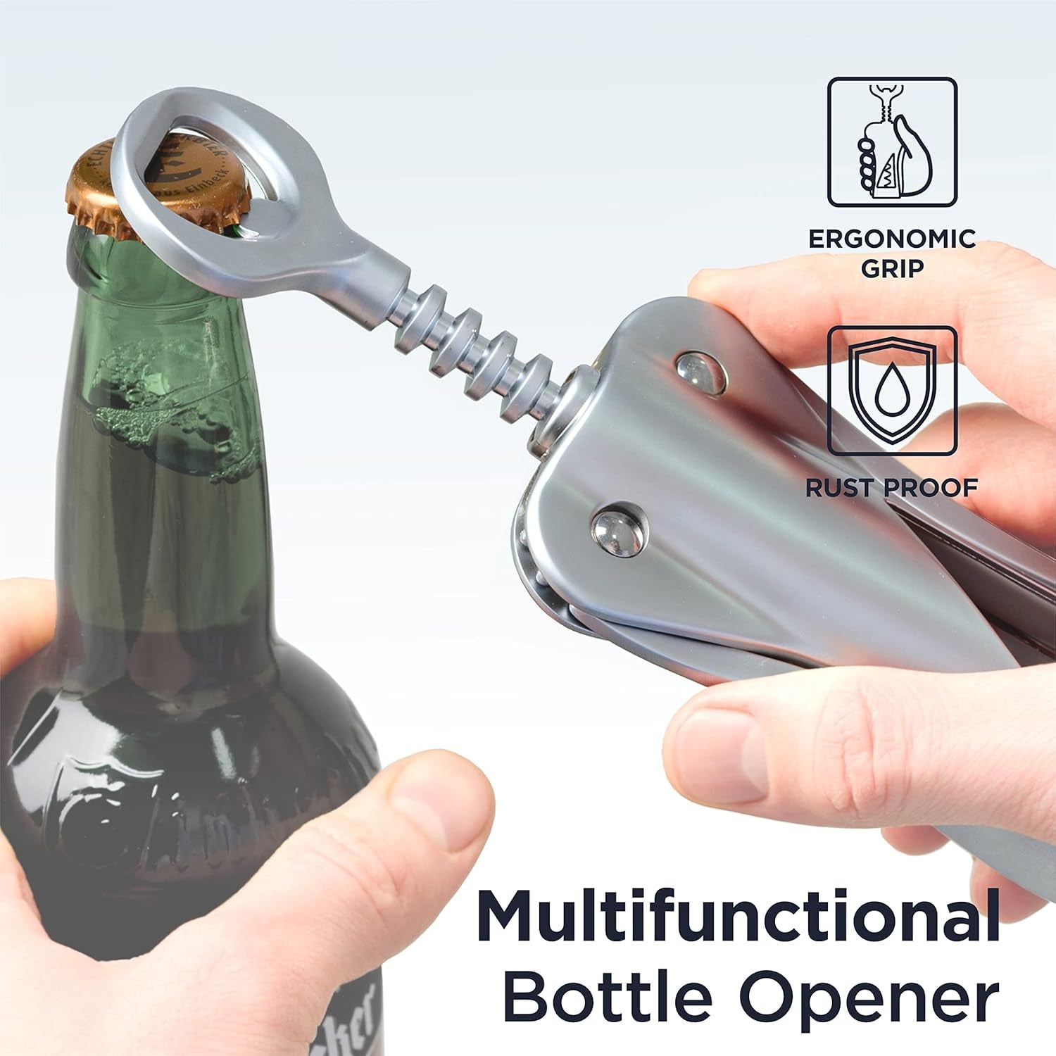 LUX Wine Opener, All-Metal Wing Corkscrew Wine Bottle Opener with Built-In Beer Bottle Opener - Ergonomic Cork Screw Wine Corker, Silver Matte Coating, Velvet Storage Pouch (SILVER)