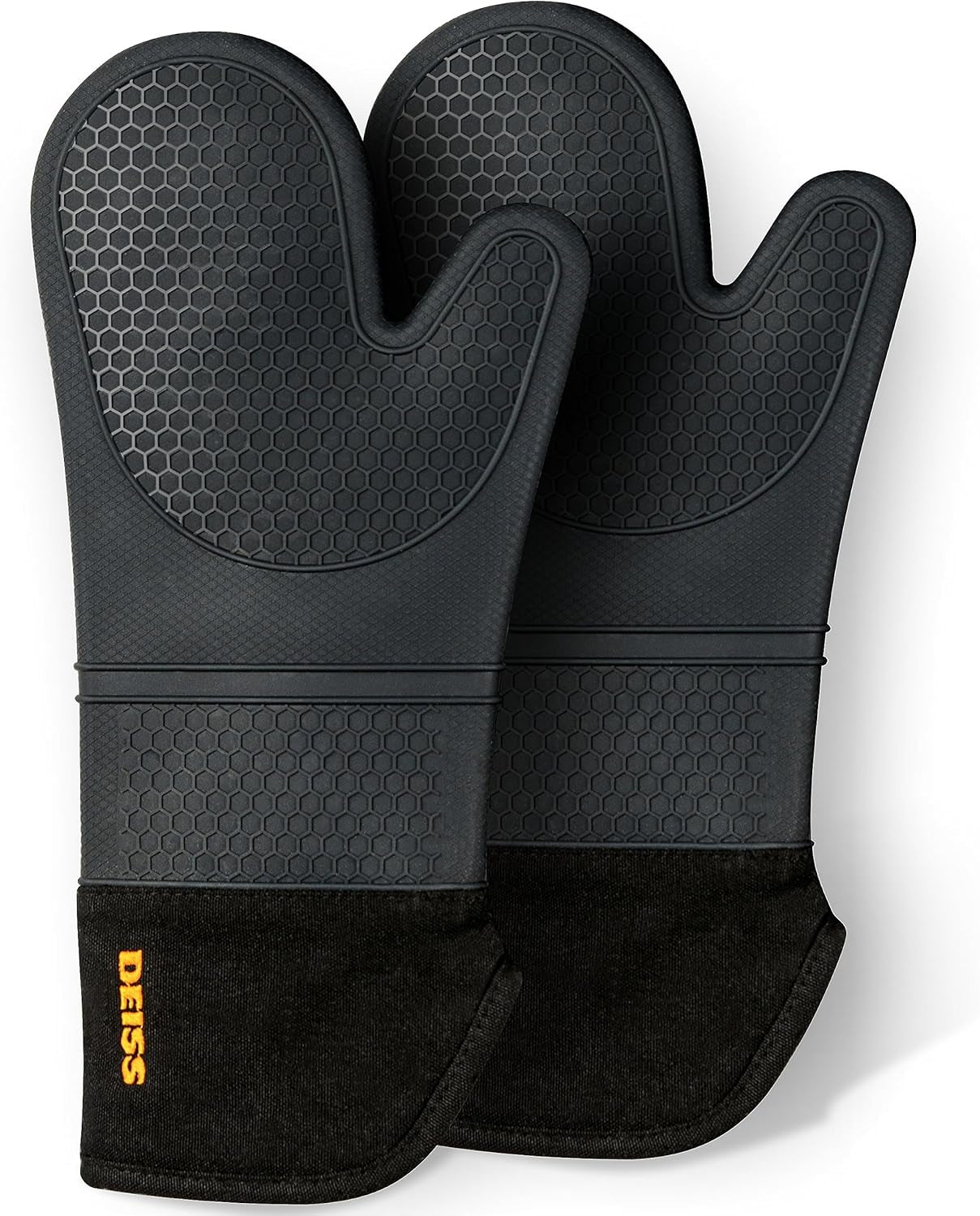 PRO Heat and Stain Resistant Silicone Oven Mitts Set, Soft Cotton Lining BBQ Gloves, Waterproof, Extra Long Flexible Thick Kitchen Mitts for Cooking, Non-Slip Grip Oven Gloves