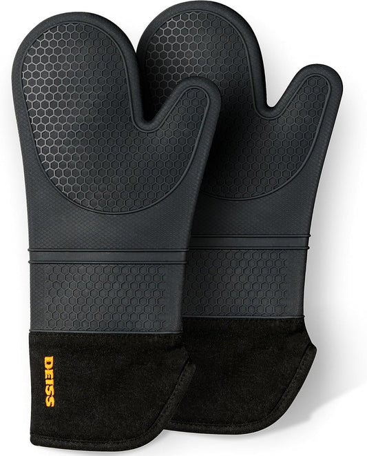 PRO Heat and Stain Resistant Silicone Oven Mitts Set, Soft Cotton Lining BBQ Gloves, Waterproof, Extra Long Flexible Thick Kitchen Mitts for Cooking, Non-Slip Grip Oven Gloves