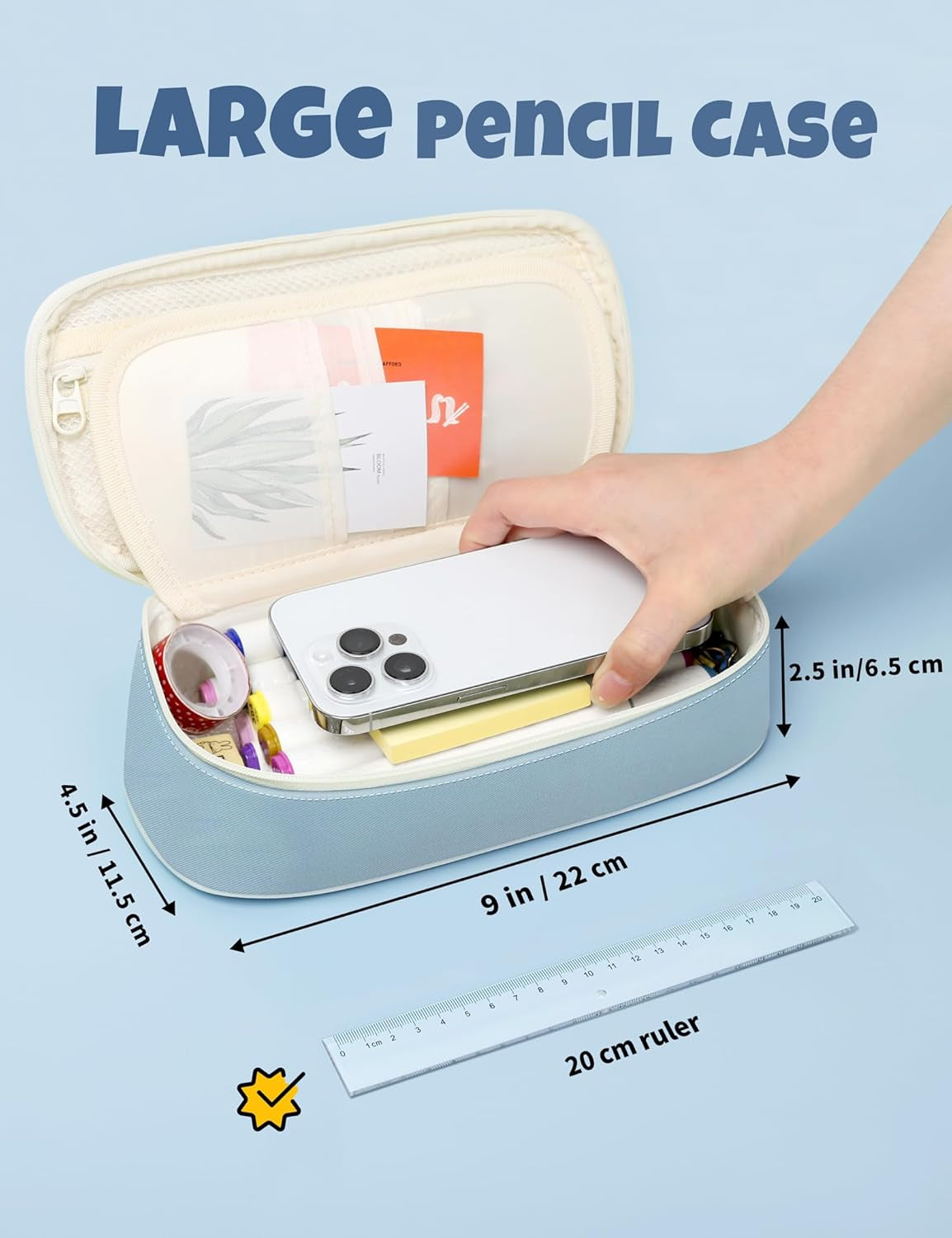 Cute Pencil Case, Aesthetic Pen Pouch, Colored Large Pencil Bag with Zipper, Kawaii Stationery Storage and Organizer, School Supplies for Teen and Adult Girls, Blue