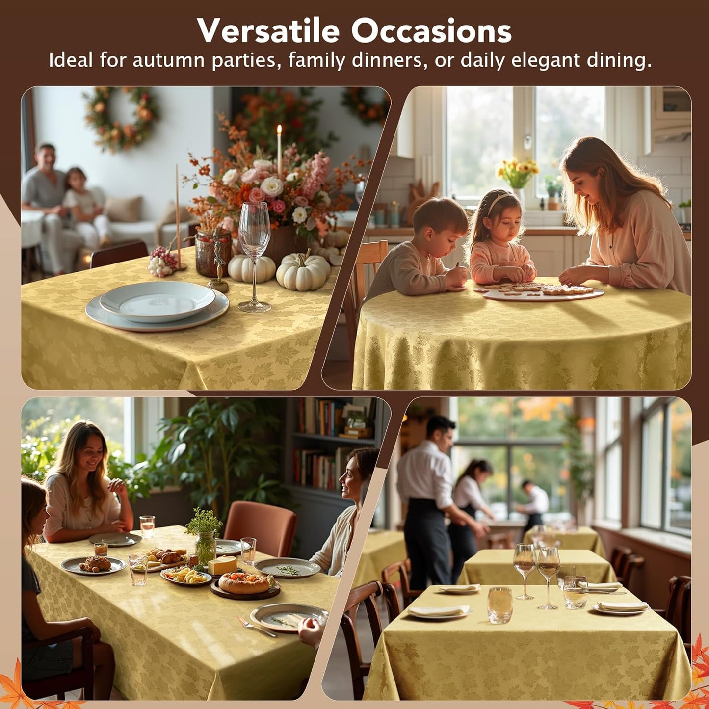 Fall round Tablecloth 60''-Gold Thanksgiving Autumn Harvest Gathering Jacquard Fabric Damask Table Cloth, Small Circle Folding Table Covers Kitchen Dinner Dining Picnic Holiday Parties