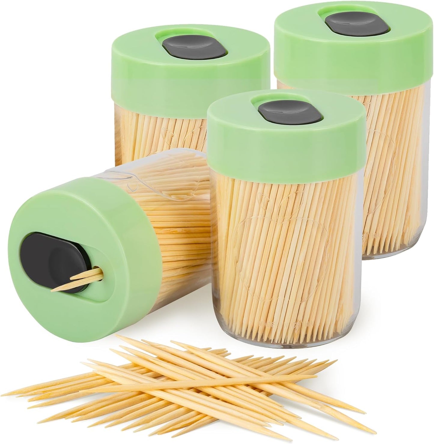 Sturdy Safe Toothpick Holder with 1600 Natural Wood Toothpicks for Teeth Cleaning, Unique Home Design Decoration, Unusual Gift, 4 Pack (Green)