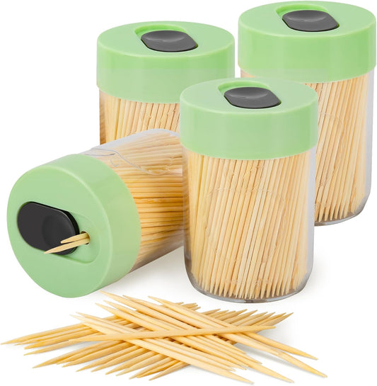 Sturdy Safe Toothpick Holder with 1600 Natural Wood Toothpicks for Teeth Cleaning, Unique Home Design Decoration, Unusual Gift, 4 Pack (Green)