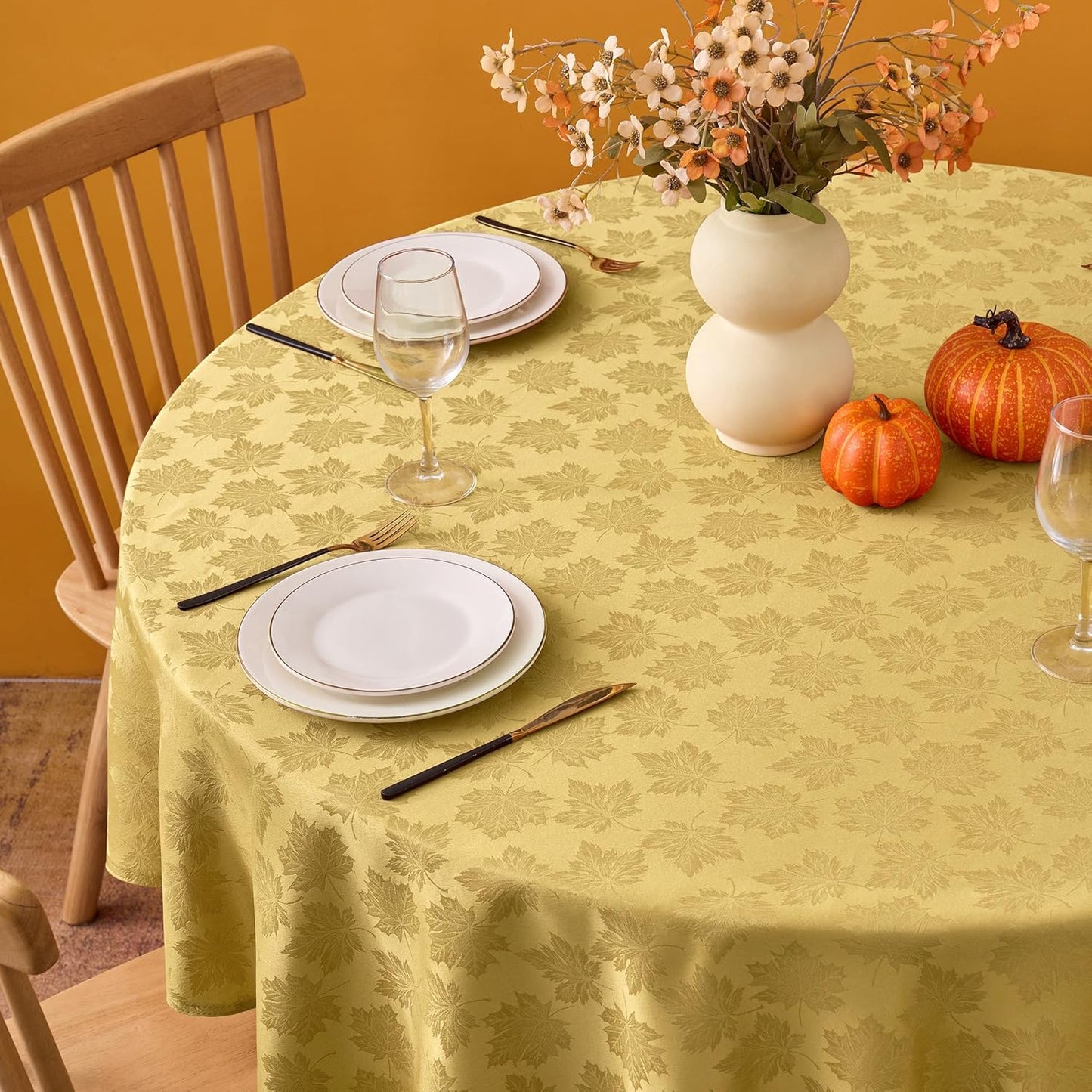 Fall round Tablecloth 60''-Gold Thanksgiving Autumn Harvest Gathering Jacquard Fabric Damask Table Cloth, Small Circle Folding Table Covers Kitchen Dinner Dining Picnic Holiday Parties