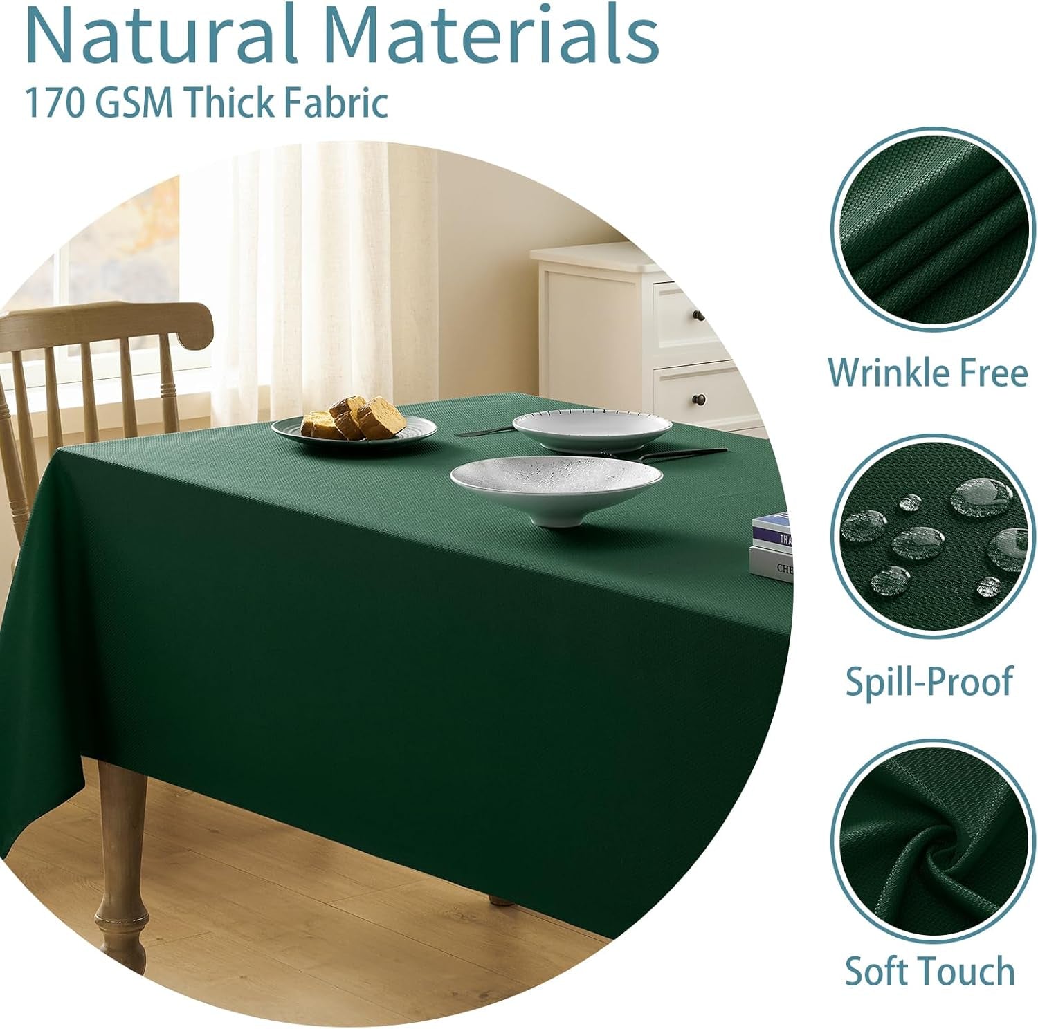 Textured Tablecloth Rectangle Waterproof Table Cloth, Washable Table Cover Wrinkle Free Fabric Tabletop Decoration for Kitchen, Dining, Wedding, Parties, 52 X 70 Inch, Hunter Green