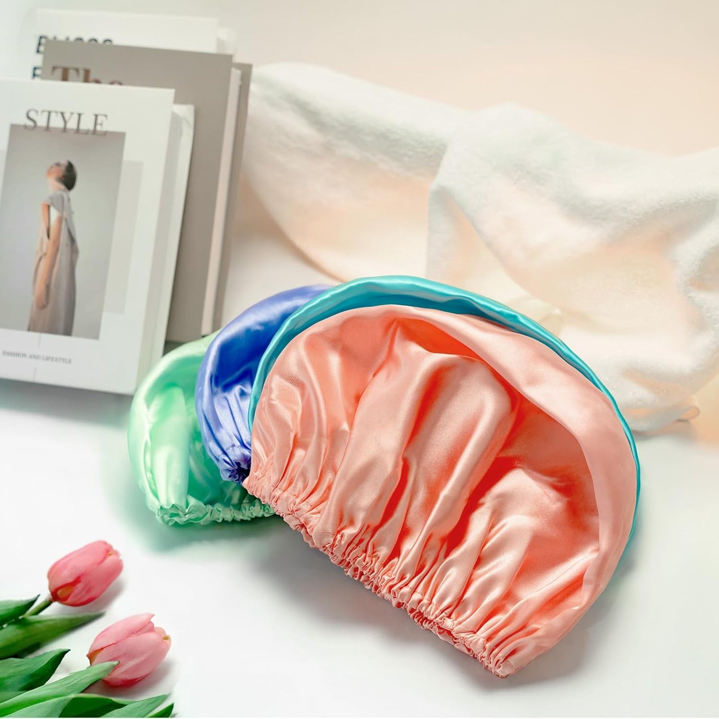 Shower Caps for Women Reusable Waterproof, 4 PCS Double Layers Shower Hair Cap, Elastic and Reusable Hair Cap, Environmental Protection Bathing Hat for Adult Kids