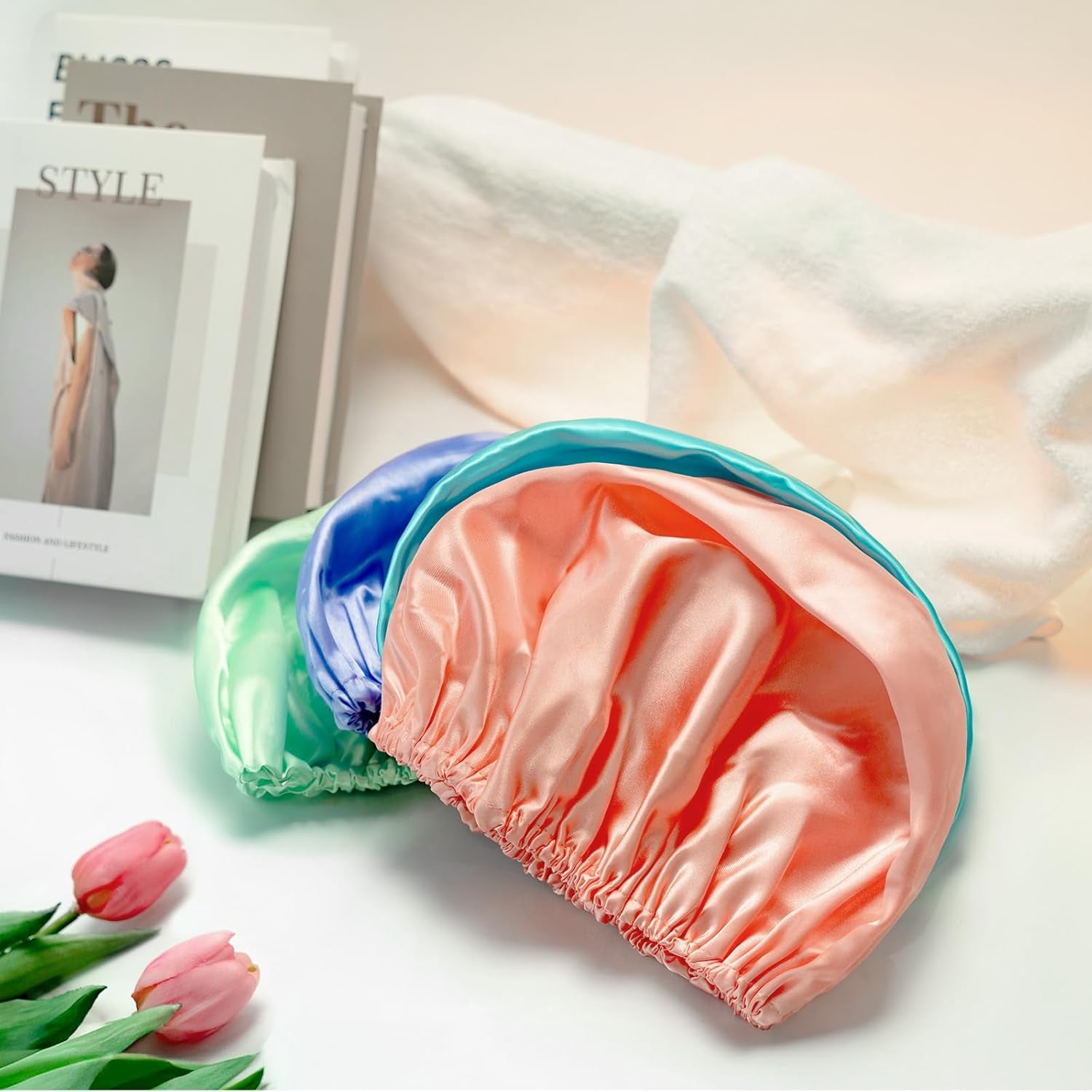 Shower Caps for Women Reusable Waterproof, 4 PCS Double Layers Shower Hair Cap, Elastic and Reusable Hair Cap, Environmental Protection Bathing Hat for Adult Kids