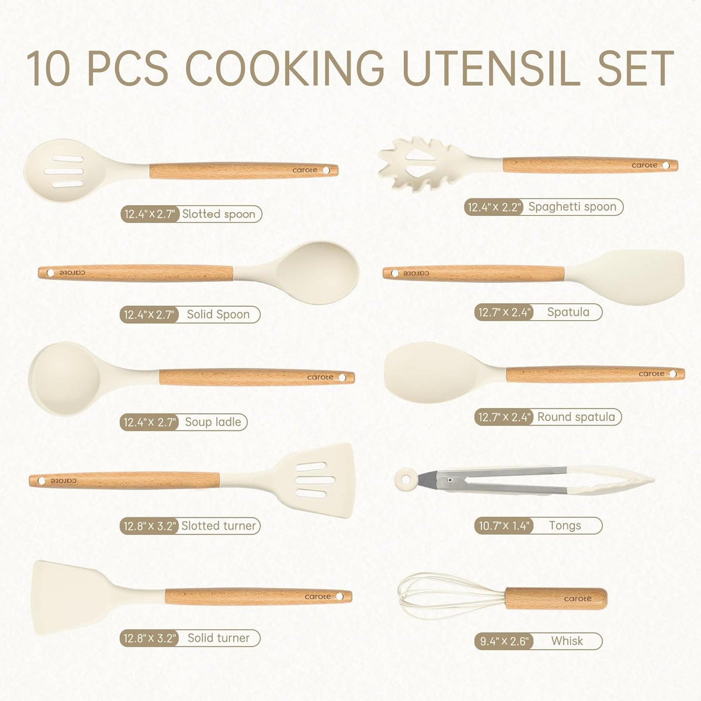 Silicone Cooking Utensils Set, Kitchen Utensils Set 10 Pcs for Cooking, BPA Free Spatula Set with Heat Resistant Wood Handles for Nonstick Cookware (Cream White)