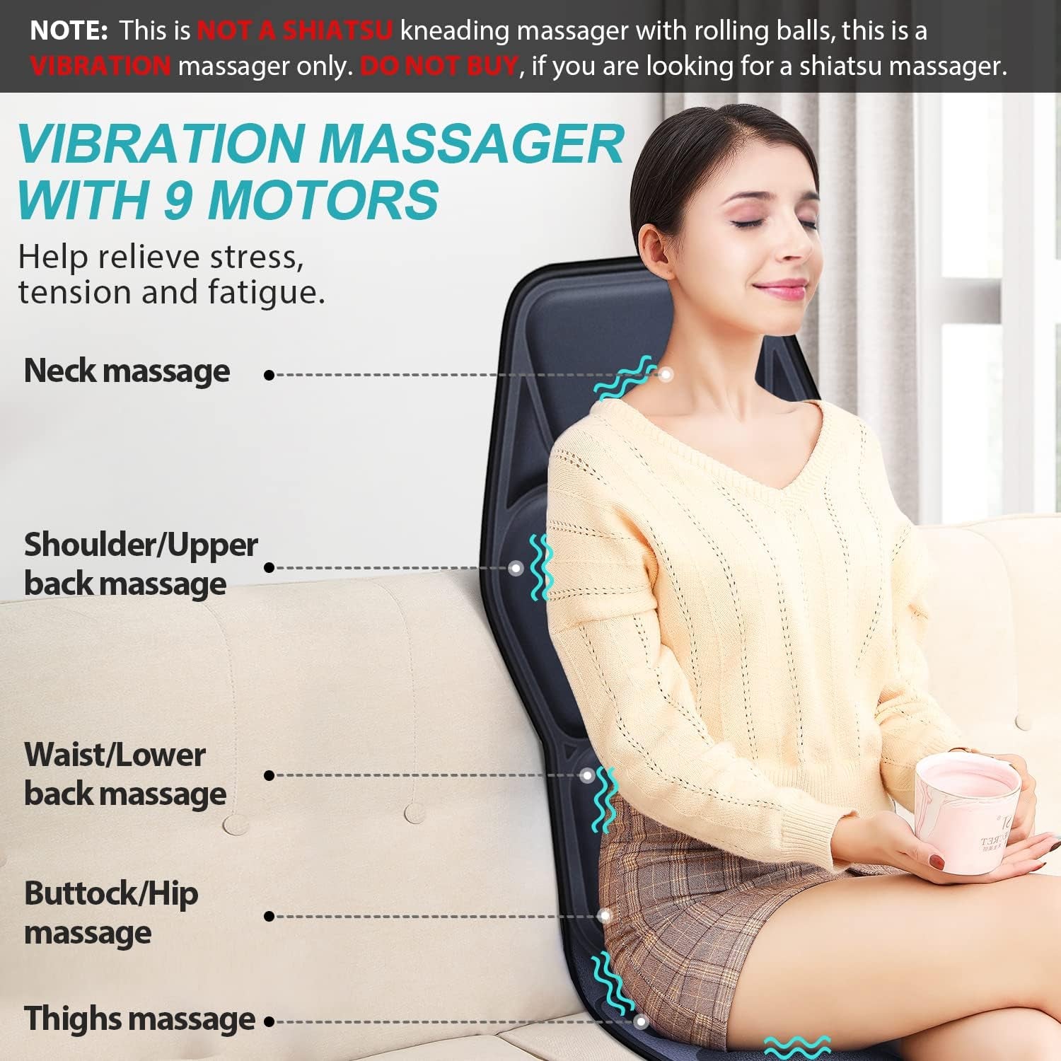Massage Seat Cushion Pad with Heat 9 Massage Style Lumbar Support Function, Fatigue Stress Relief Back Massager Chair Pad for Men Women Home Office Use
