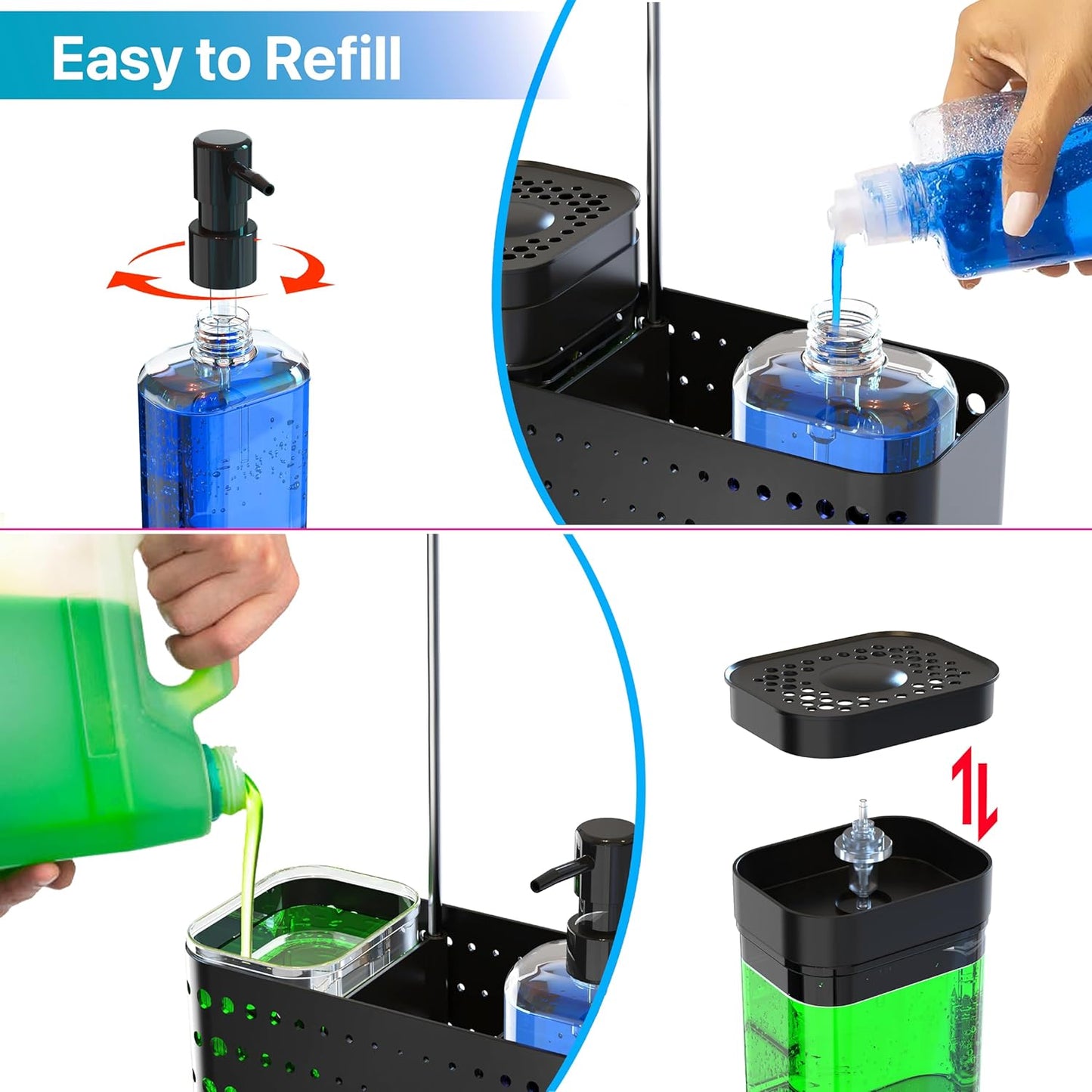 Sponge Holder for Kitchen Sink, High Brush Holder with Hand Soap & Dish Soap Dispenser - Perfect for Kitchen Countertop Organization, Includes Sponge, Dish Soap Dispenser Set