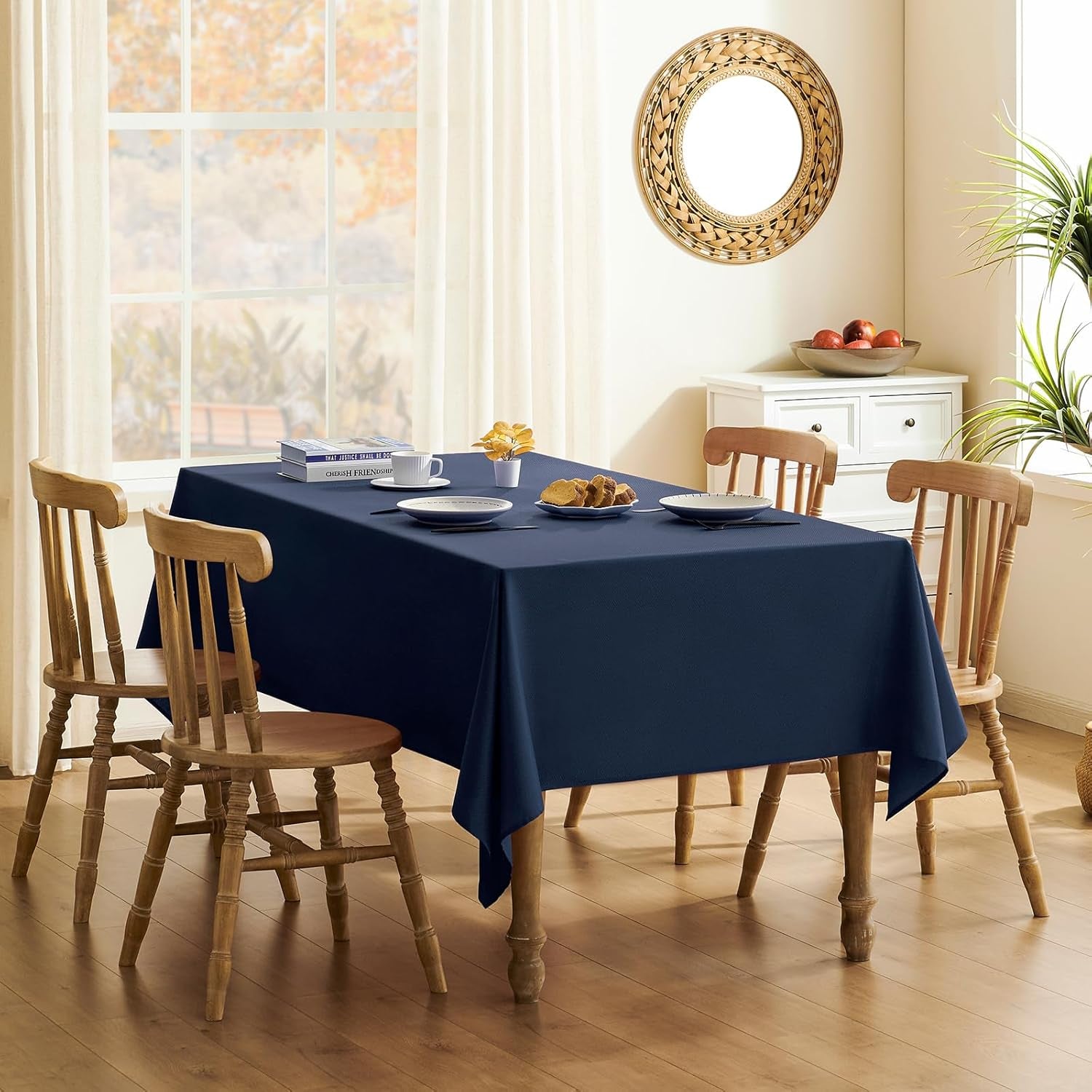 Textured Tablecloth Rectangle Waterproof Table Cloth, Washable Table Cover Wrinkle Free Fabric Tabletop Decoration for Kitchen, Dining, Wedding, Parties, 60 X 84 Inch, Navy Blue