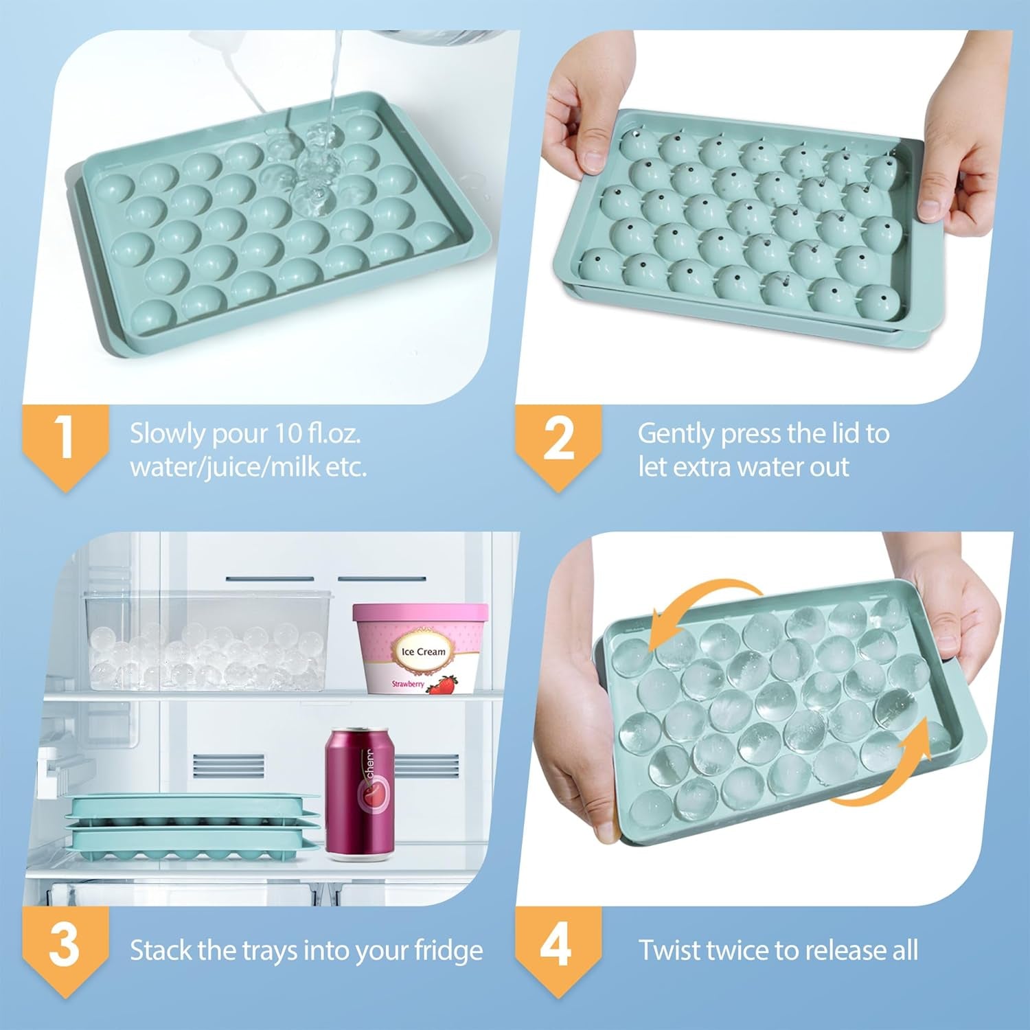 Ice Cube Tray with Lid - round Ice Tray for Freezer with Lid - Ice Cube Trays for Freezer (One Tray Only)