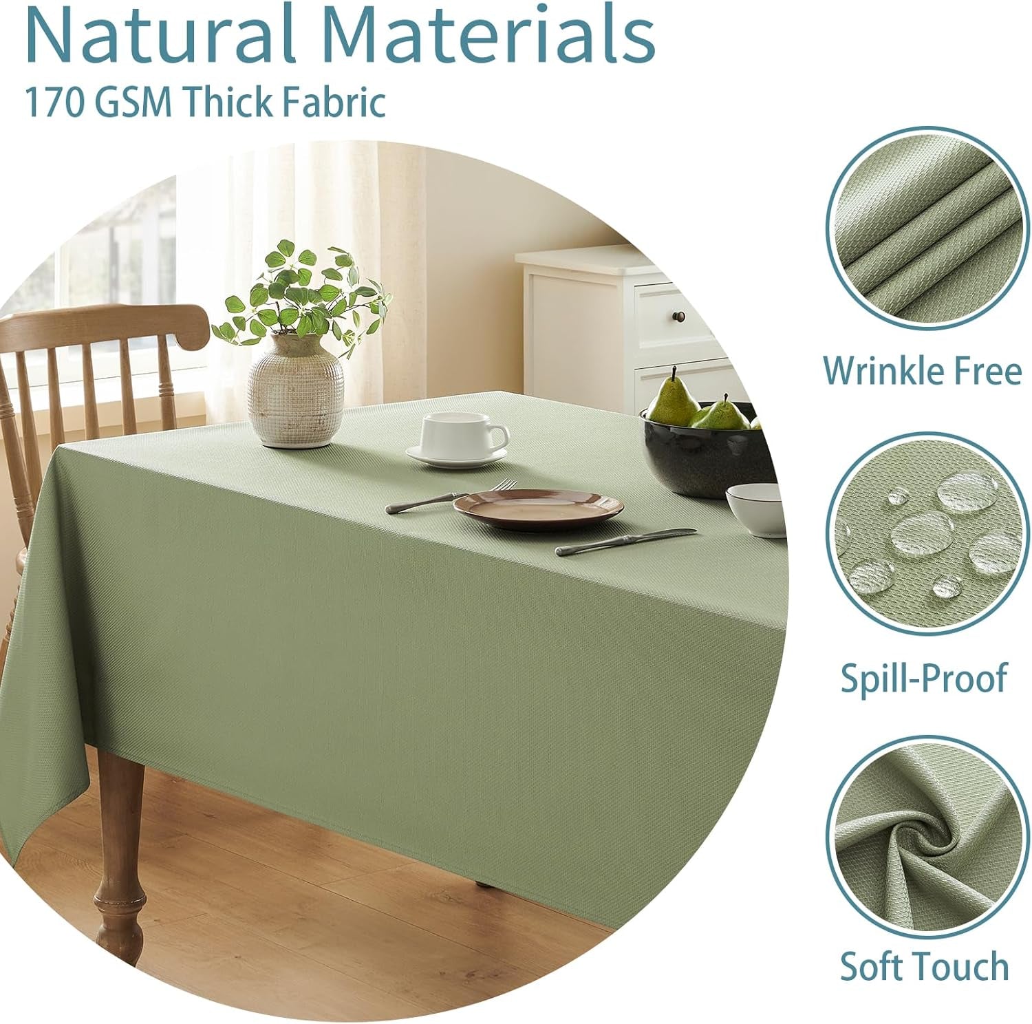 Textured Tablecloth Rectangle Waterproof Table Cloth, Washable Table Cover Wrinkle Free Fabric Tabletop Decoration for Kitchen, Dining, Wedding, Parties, 60 X 84 Inch, Sage Green