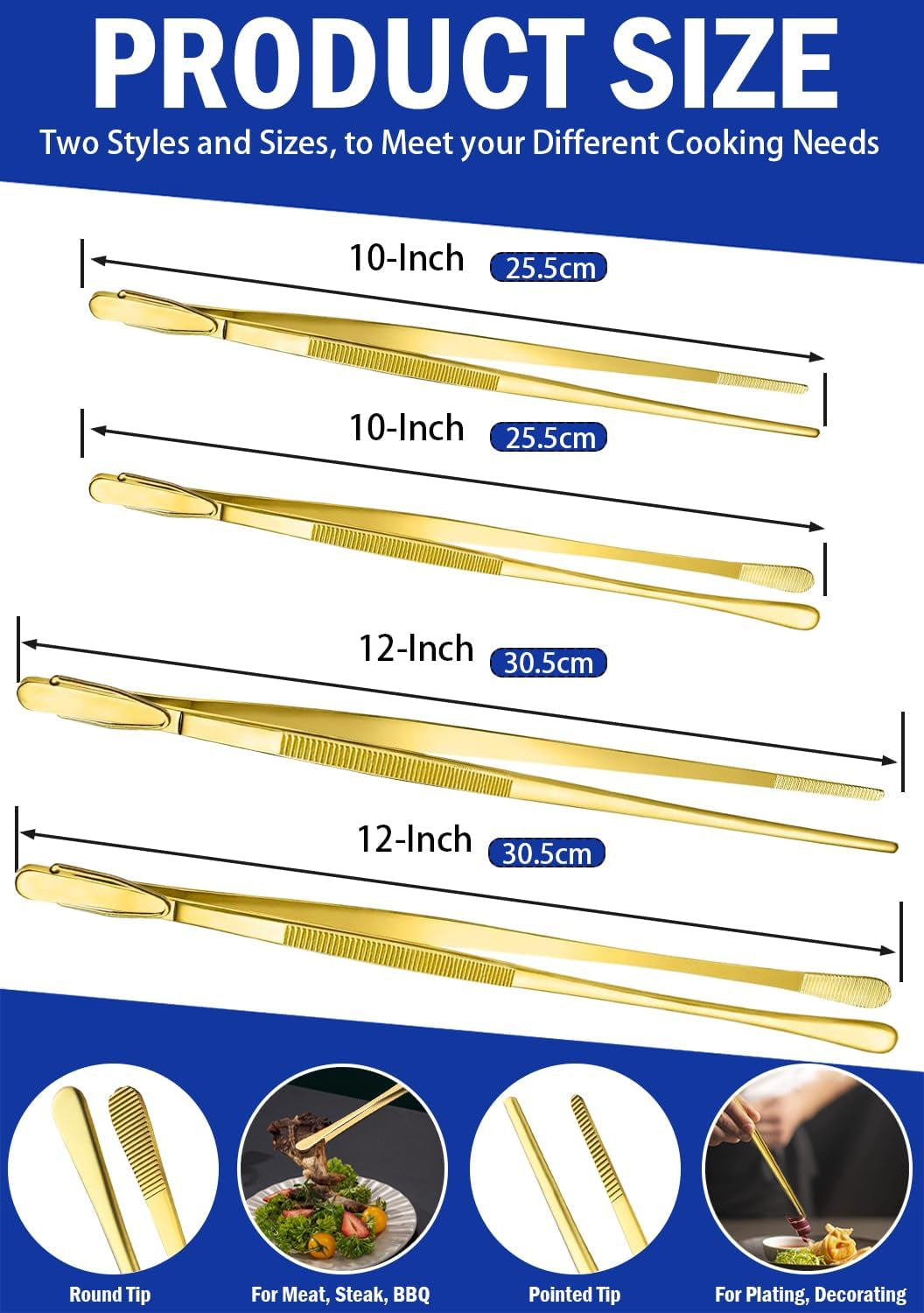 4 Pcs Kitchen Tweezers, 12'' and 10'' Stainless Steel Cooking Tweezers Set, High-Precision Tweezers Tongs for Cooking, Repairing, Seafood and BBQ (Gold)