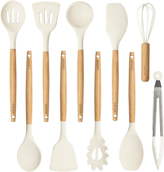 Silicone Cooking Utensils Set, Kitchen Utensils Set 10 Pcs for Cooking, BPA Free Spatula Set with Heat Resistant Wood Handles for Nonstick Cookware (Cream White)