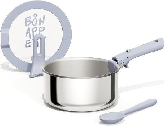 Stainless Steel Sauce Pan with Detachable Handle, 4Pcs Stainless Steel Pot, 3QT Saucepan with Lid, Non-Toxic Induction Kitchen Cookware, Stand-Up Lid, Oven Safe, Blue