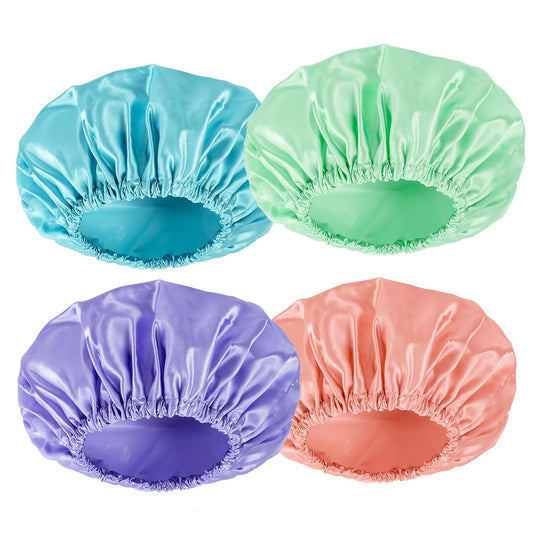 Shower Caps for Women Reusable Waterproof, 4 PCS Double Layers Shower Hair Cap, Elastic and Reusable Hair Cap, Environmental Protection Bathing Hat for Adult Kids