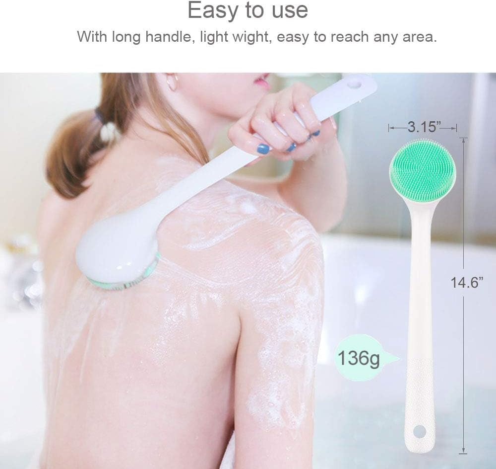 Silicone Body Scrubber Exfoliator, Back Brush Long Handle for Shower with Soft Bristles, Shower Brush Scrubber for Body Men and Women, BPA Free, Non-Slip