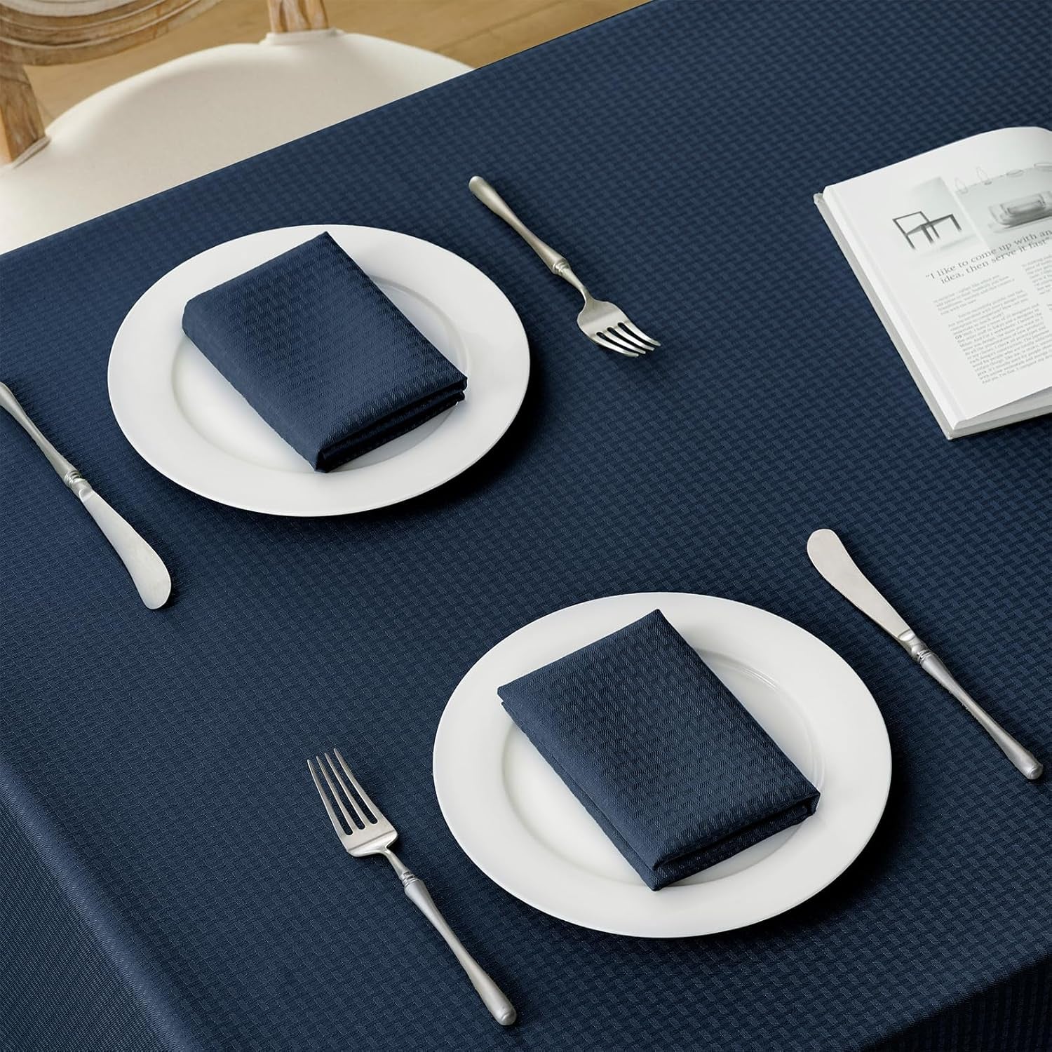 Rectangle Tablecloth Weaved Textured Water Resistant Spill Proof Table Cloth, Decorative Fabric Wrinkle Free Table Cover for Events and Dinner, 60 X 84 Inch, Navy Blue