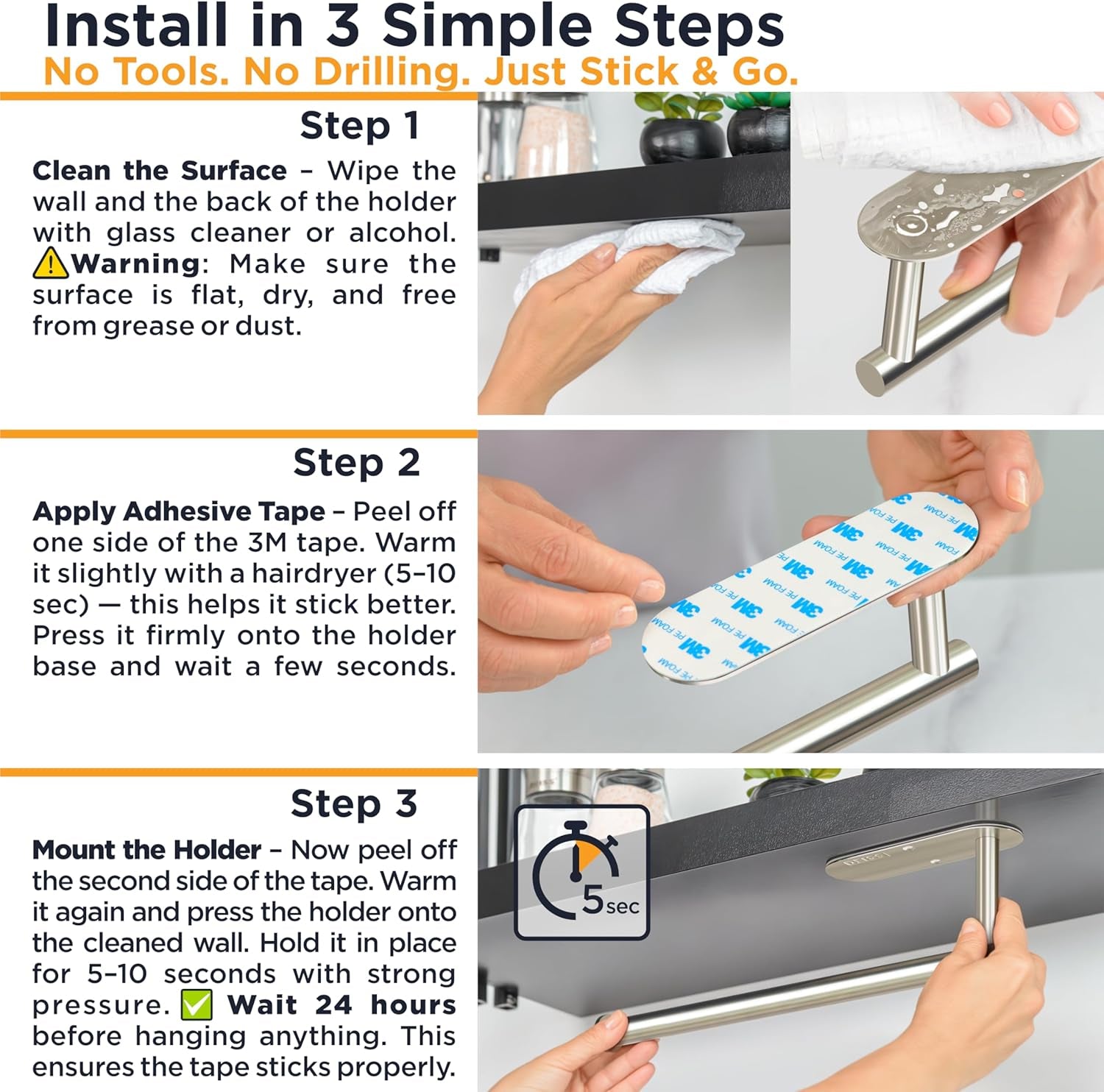 Pro Paper Towel Holder – under Cabinet, Wall Mount, or Countertop – Rust-Resistant Stainless Steel, One-Handed Tear Design, Space-Saving Paper Towel Dispenser, Towel Holder for Kitchen