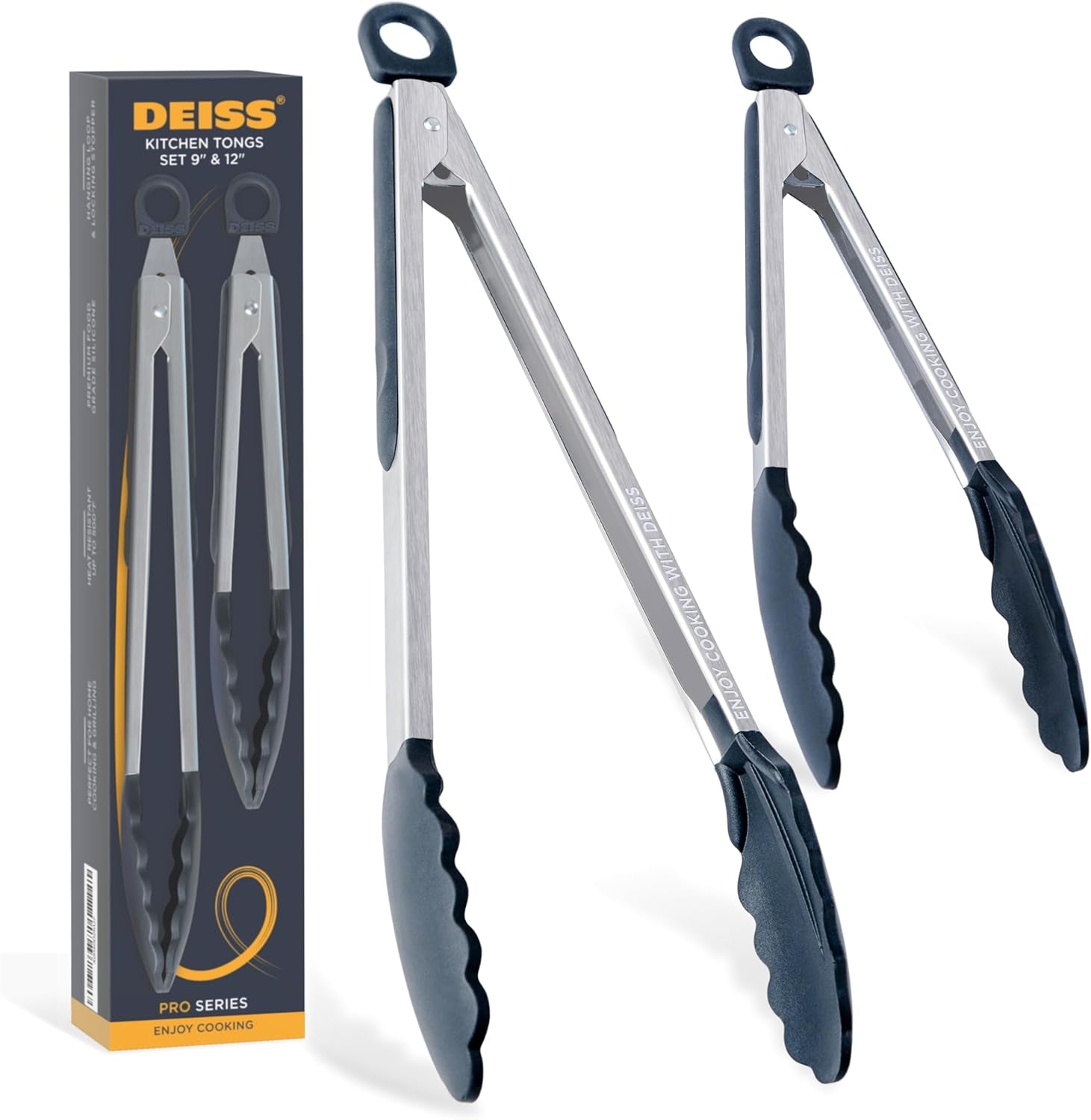 PRO Cooking Tongs with Silicone Tips - Kitchen Tongs for Cooking, BBQ, Air Fryer - Heat Resistant Silicone Tipped Tongs, Silicone Tongs for Nonstick Cookware - Pull Lock, Set of 2, 9'' and 12''