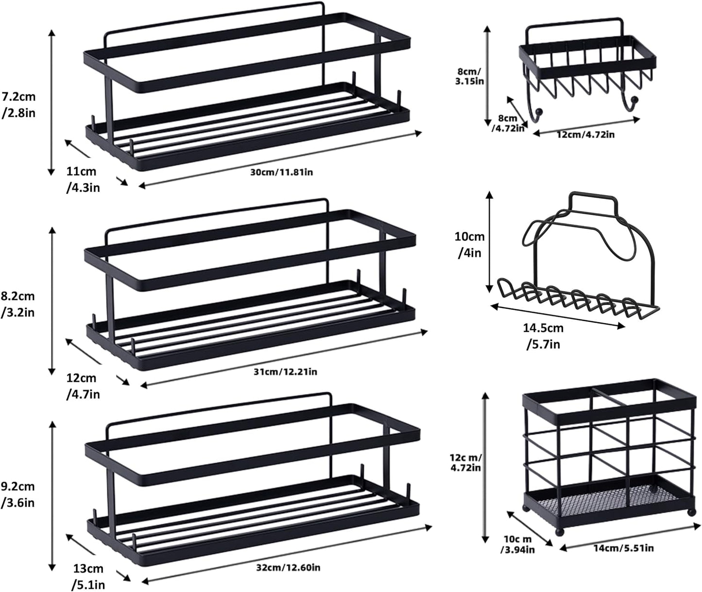 Set of 6 Bathroom Essentials Black Suction Cup Shower Caddy with Shower Baskets, Hooks, Razor Toothbrush Holder, and Soap Dish for inside Shower Storage