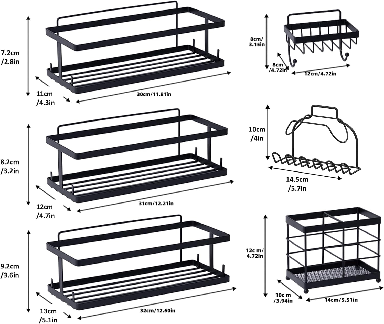 Set of 6 Bathroom Essentials Black Suction Cup Shower Caddy with Shower Baskets, Hooks, Razor Toothbrush Holder, and Soap Dish for inside Shower Storage