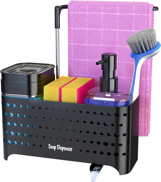 Sponge Holder for Kitchen Sink, High Brush Holder with Hand Soap & Dish Soap Dispenser - Perfect for Kitchen Countertop Organization, Includes Sponge, Dish Soap Dispenser Set