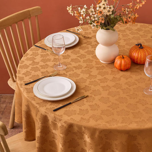 Fall round Tablecloth 60''-Amber Thanksgiving Autumn Harvest Gathering Jacquard Fabric Damask Table Cloth, Small Circle Folding Table Covers Kitchen Dinner Dining Picnic Holiday Parties