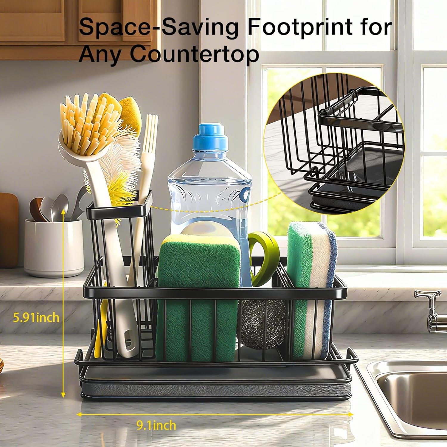 Kitchen Sink Caddy Organizer with Fast Drying Stone Tray, Rustproof Stainless Steel Sponge Holder for Kitchen Countertop, Diatomaceous Earth Mat for Soap Scrubber & Brush