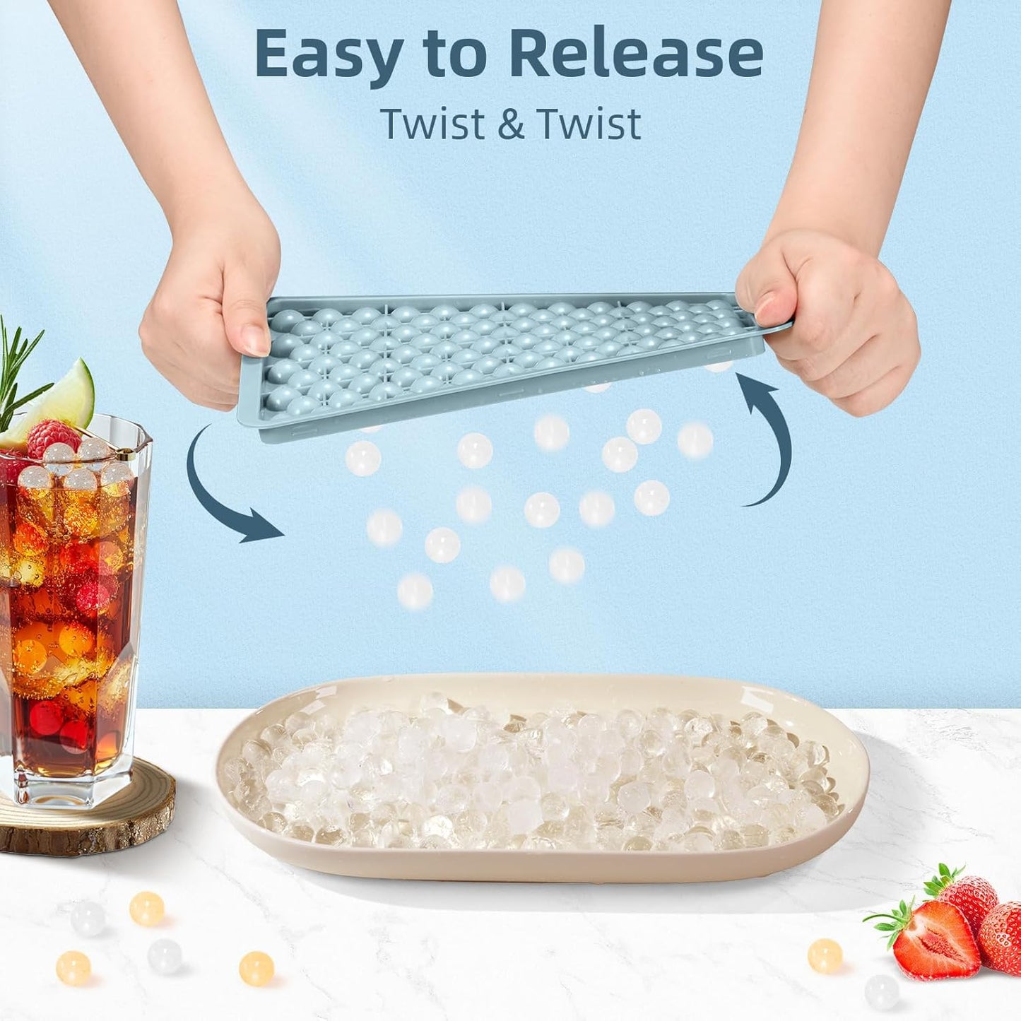 Mini Ice Cube Trays, Small Tiny round Pebble Crushed Nugget Ice Trays for Freezer with Lid - Chilling Drinks Coffee Juice(1 Pack/0.55In - Blue)