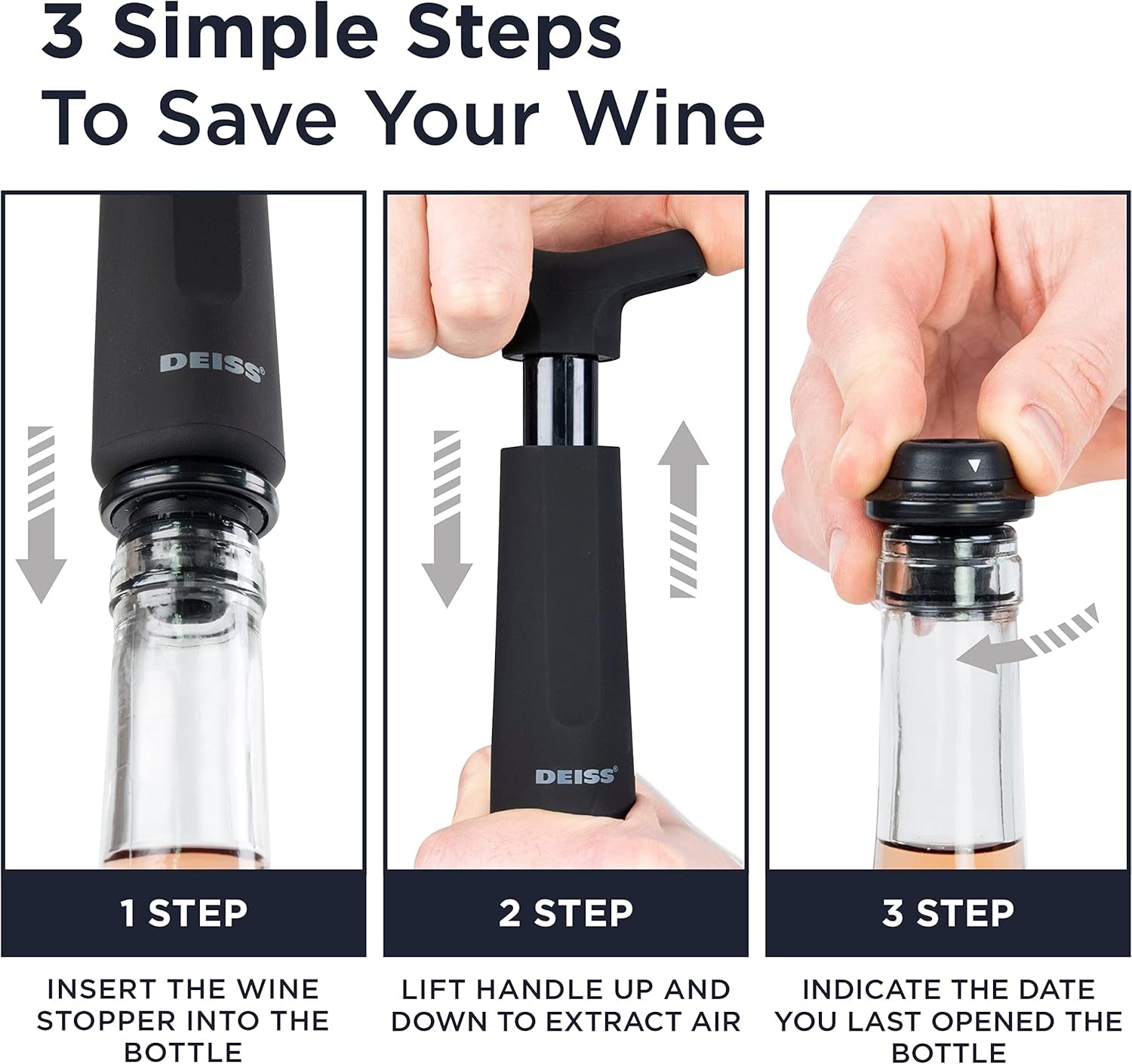 PRO Vacuum Pump Wine Saver with 3 X Wine Bottle Stopper – Silicone Wine Stoppers for Wine Bottles with Date Markers - Wine Stopper to Keep Your Wine Fresh – Stops Oxidation of Wine