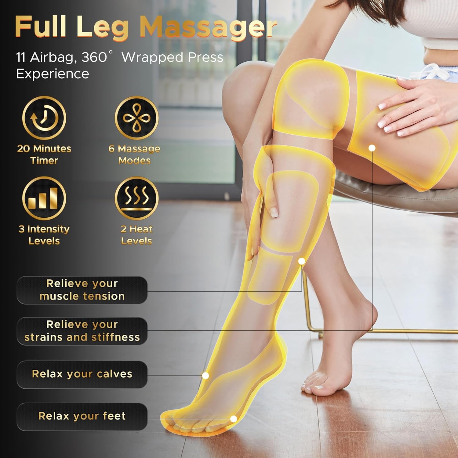 Leg Massager, Air Compression Massager with Heat, 6 Massage Modes & 3 Massage Intensities, for Foot, Calf, Knee＆Thigh and Muscles Relaxation