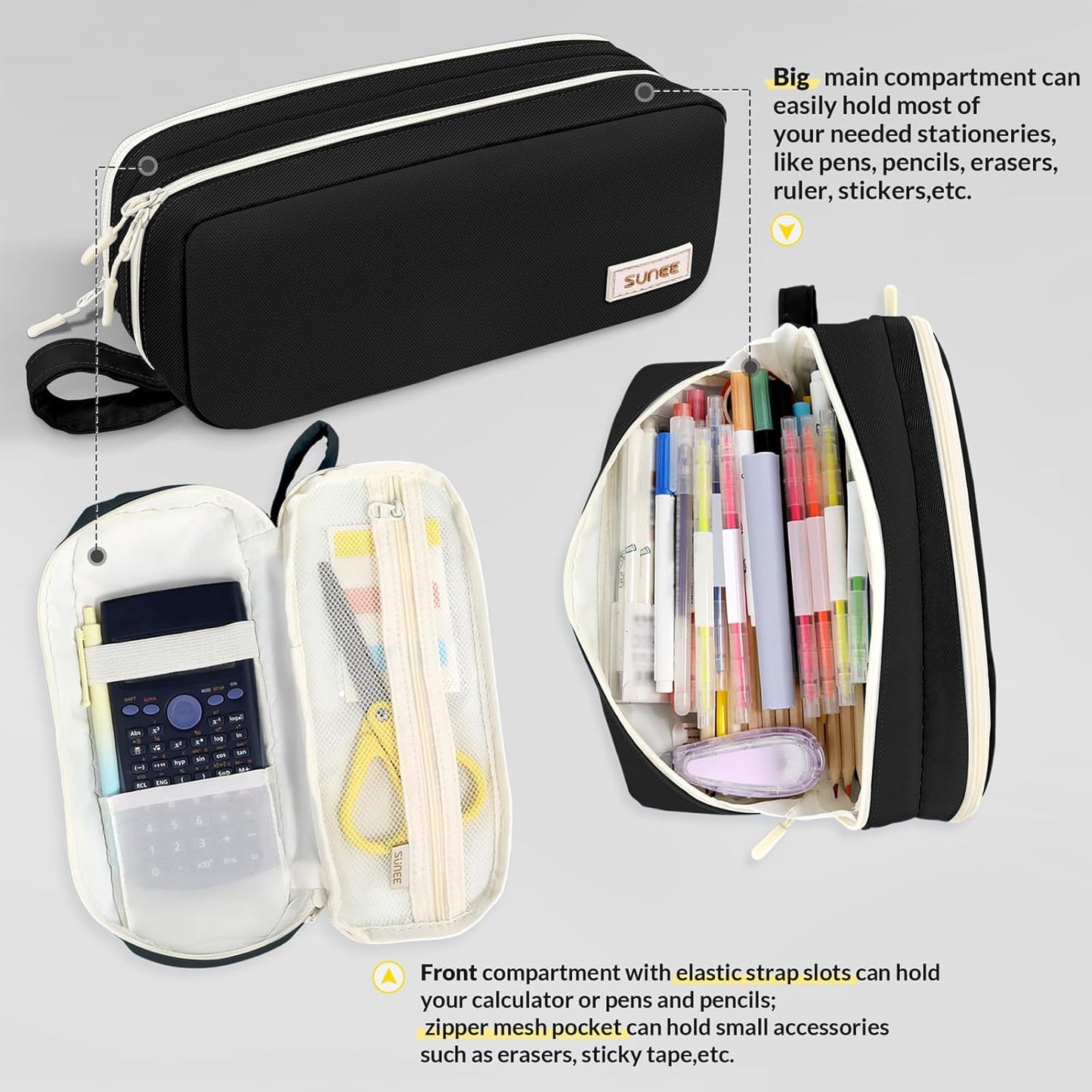 Pencil Case, Large Capacity Pencil Pouch, Aesthetic Pen Bag Office Stationery Organizer Simple Sturdy Multifunctional for Teen Girls Women Men, Black