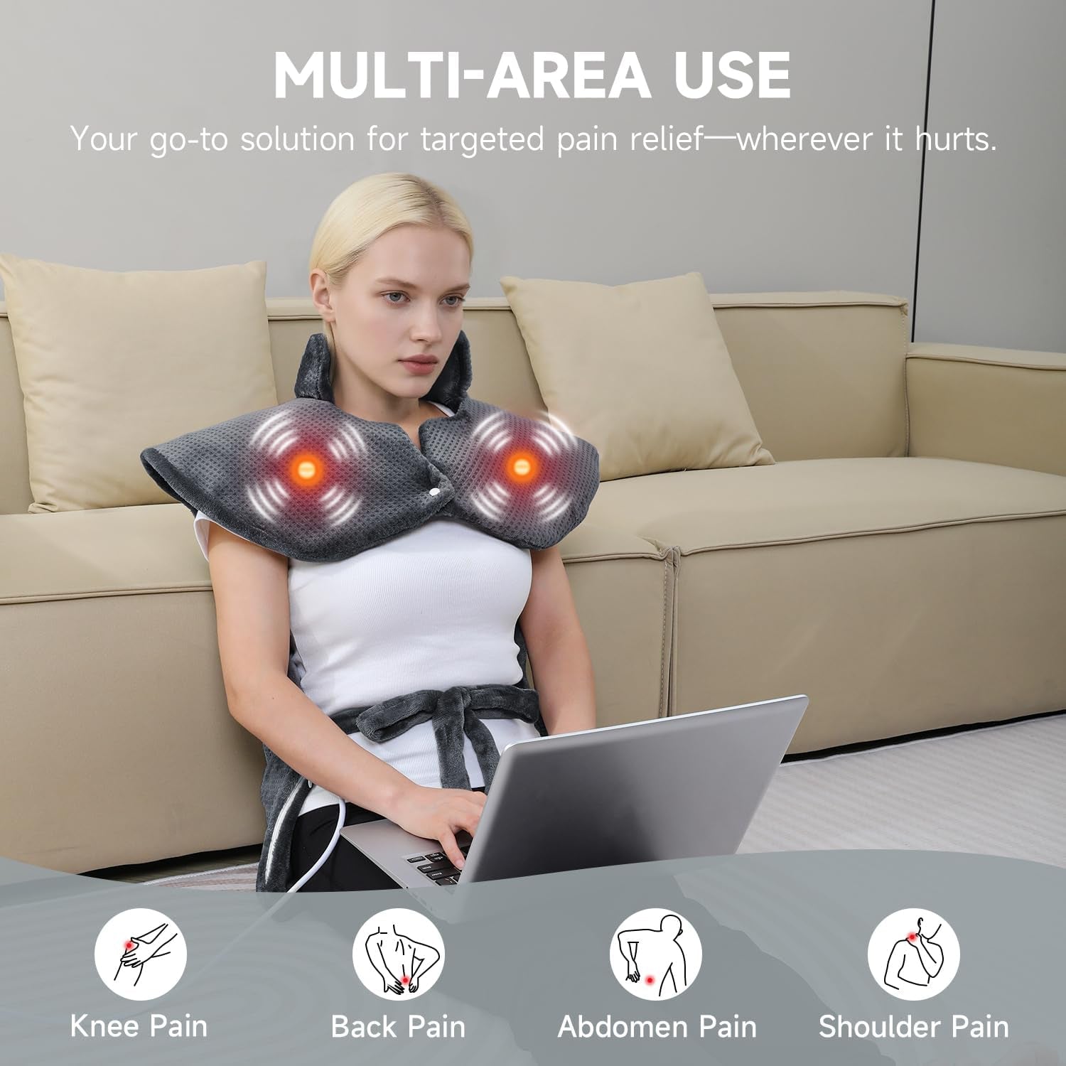 Heating Pad for Neck - Wearable Electric Heating Pads for Back, Shoulder and Waist, Large Heat Pad with 4 Massage Modes & 2 Heat Levels, 24"X35", 4 Motor, Gray