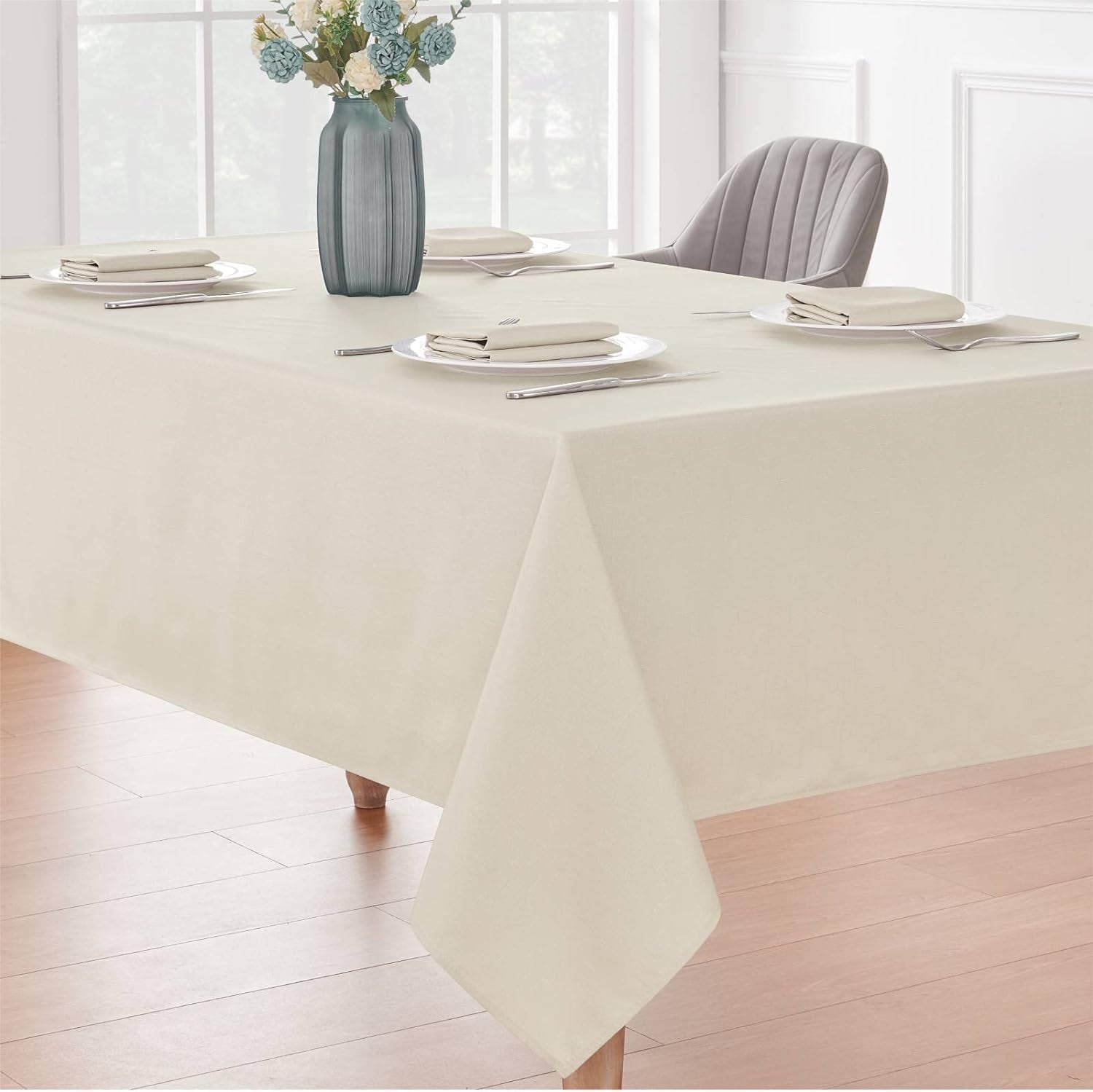 Rectangle 4 Feet Tablecloth 52X70 Inch Linen Textured Table Cloth Stain and Wrinkle Resistant Washable Polyester, Decorative Table Cover Waterproof for Dining, Buffet and Camping, Beige