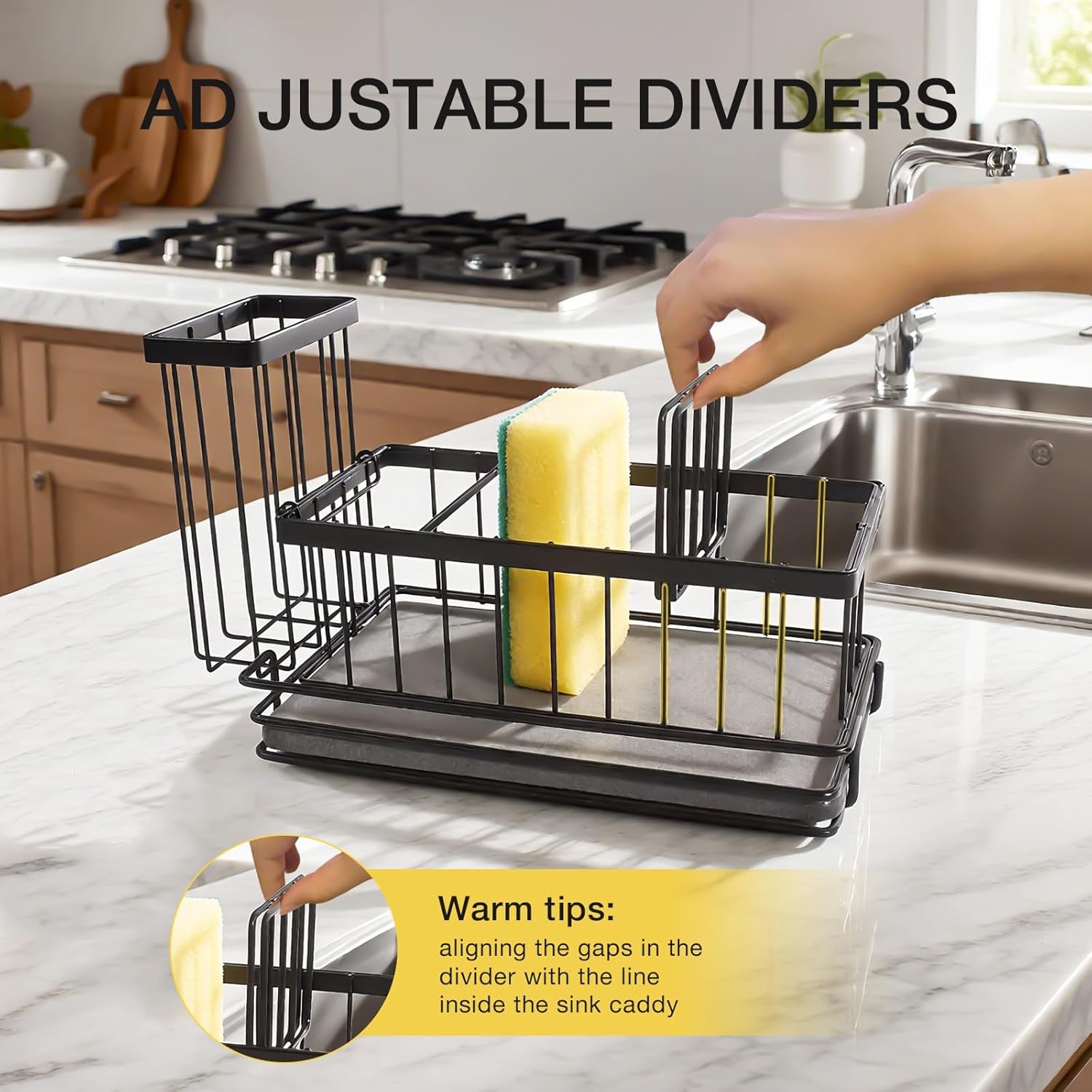 Kitchen Sink Caddy Organizer with Fast Drying Stone Tray, Rustproof Stainless Steel Sponge Holder for Kitchen Countertop, Diatomaceous Earth Mat for Soap Scrubber & Brush