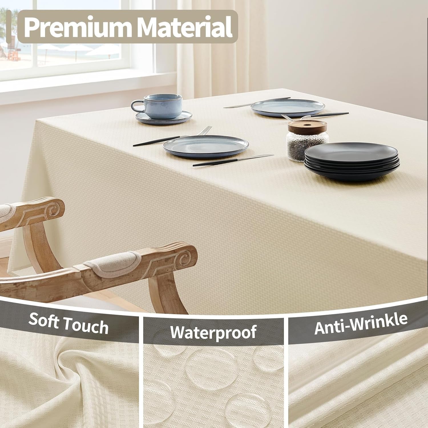 Rectangle Tablecloth Weaved Textured Water Resistant Spill Proof Table Cloth, Decorative Fabric Wrinkle Free Table Cover for Events and Dinner, 60 X 84 Inch, Ivory