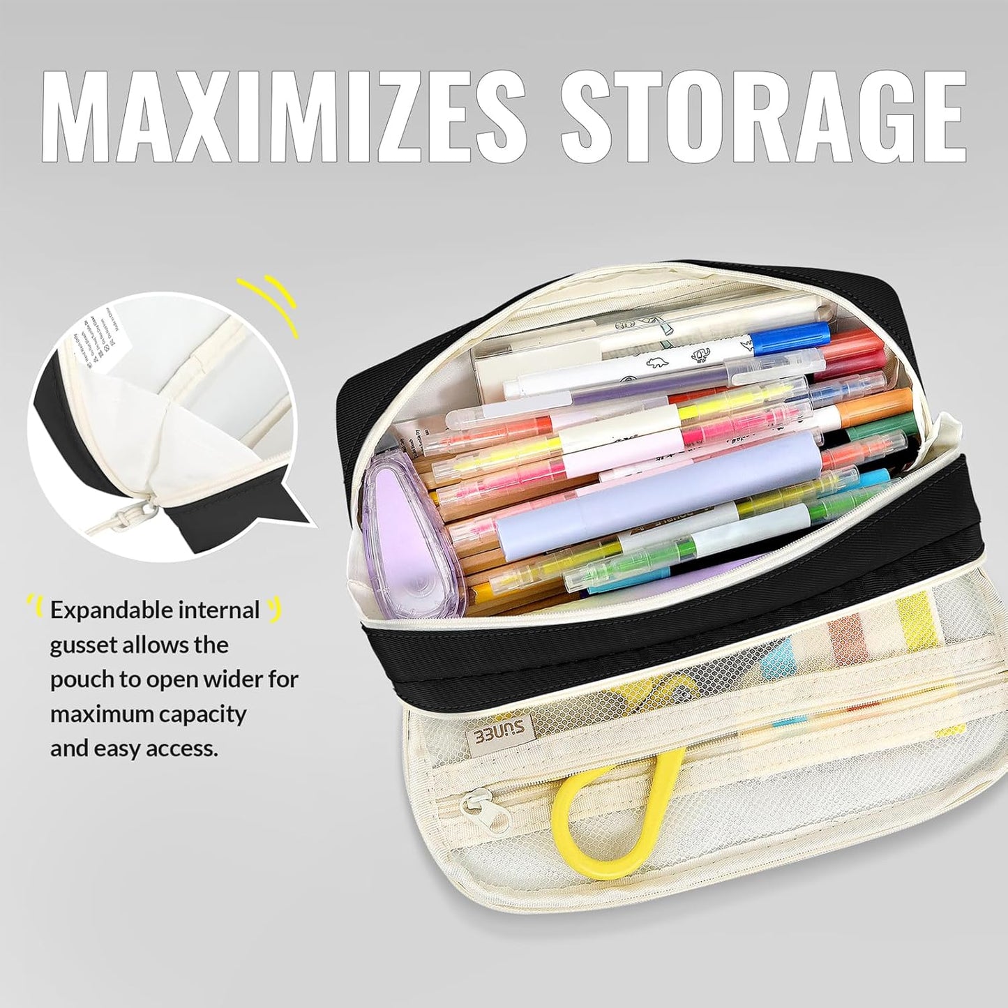 Pencil Case, Large Capacity Pencil Pouch, Aesthetic Pen Bag Office Stationery Organizer Simple Sturdy Multifunctional for Teen Girls Women Men, Black