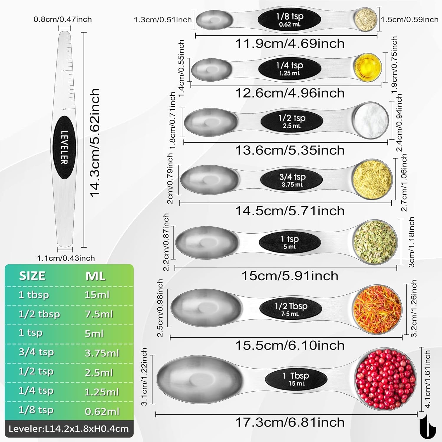 8 Pcs Upgraded Magnetic Measuring Spoons Set Stainless Steel Dual Sided for Liquid Dry Food Measuring Cups Spoons Set Fits in Spice Jar Kitchen Gadgets Including Leveler, Silver