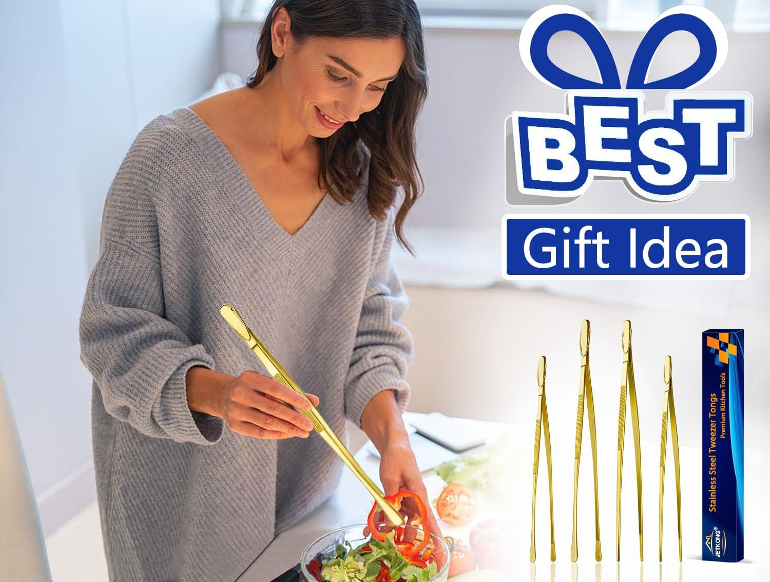 4 Pcs Kitchen Tweezers, 12'' and 10'' Stainless Steel Cooking Tweezers Set, High-Precision Tweezers Tongs for Cooking, Repairing, Seafood and BBQ (Gold)