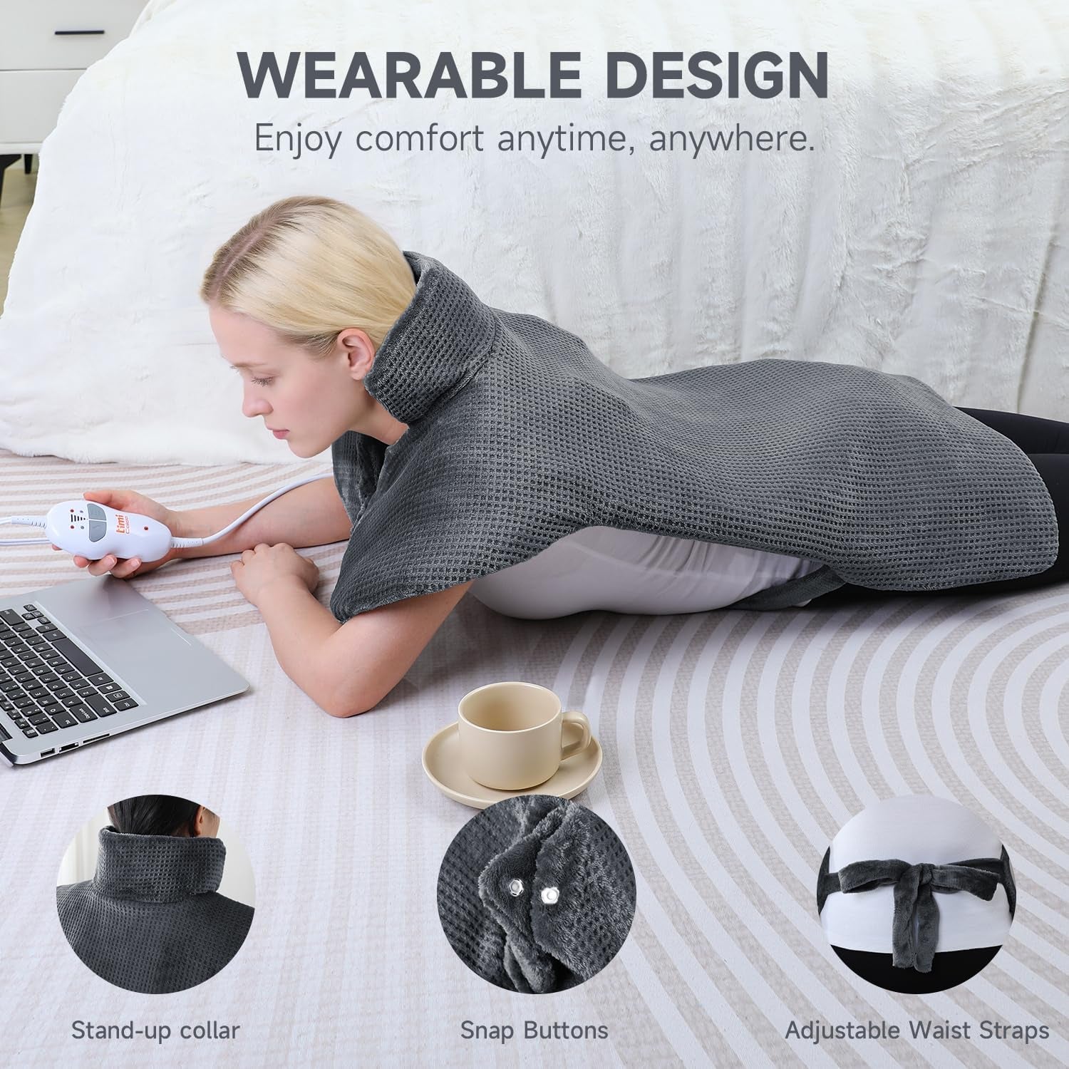 Heating Pad for Neck - Wearable Electric Heating Pads for Back, Shoulder and Waist, Large Heat Pad with 4 Massage Modes & 2 Heat Levels, 24"X35", 4 Motor, Gray