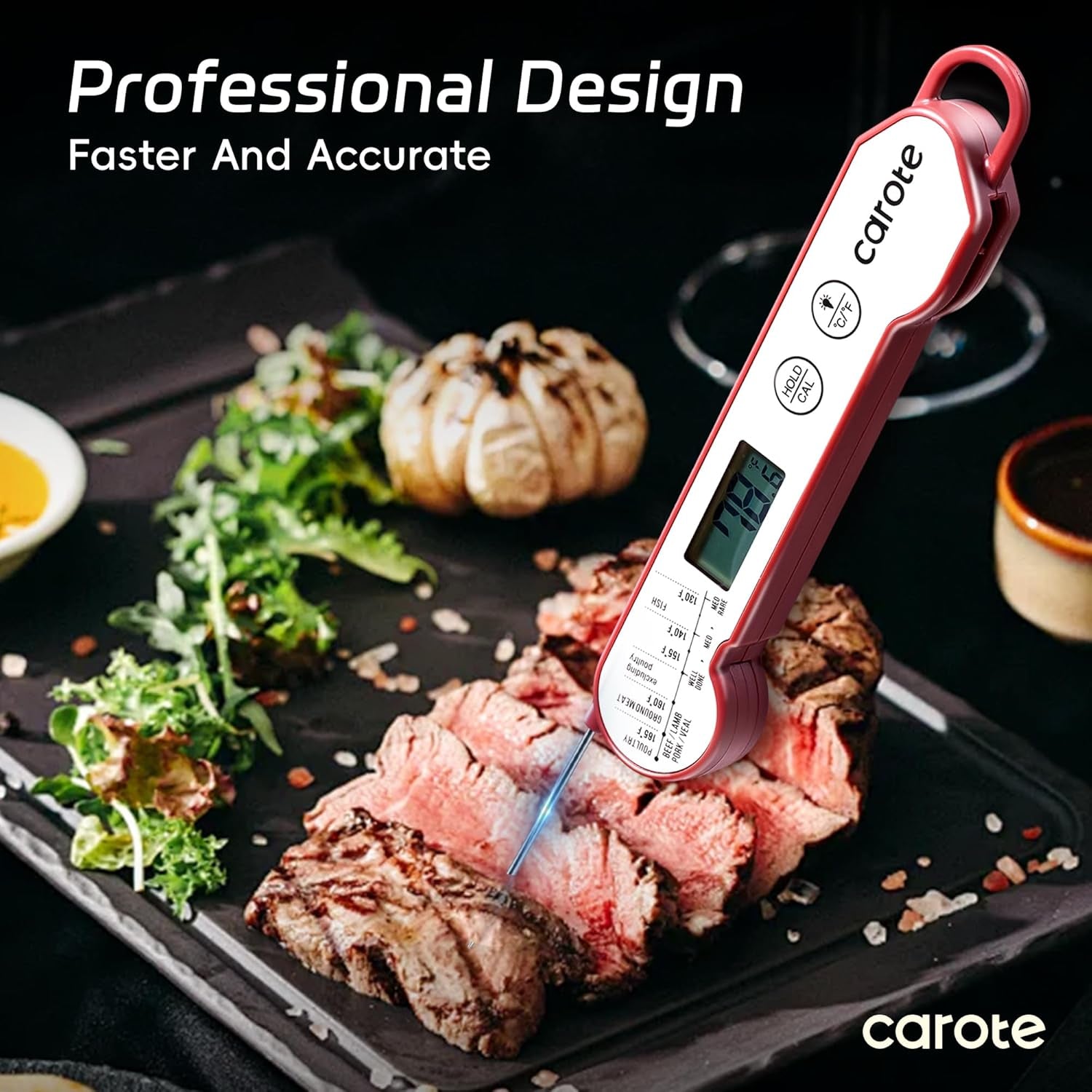 Instant Read Meat Thermometer Digital, 100% Waterproof/Auto Flip/Bright LCD Screen Function for Kitchen and Outside，Bbq, Turkey, Candy, Liquids, Beef (White/Red)