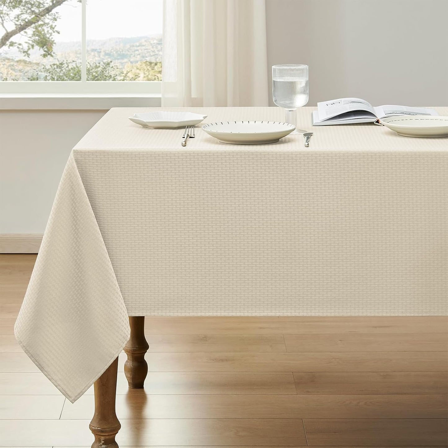 Rectangle Tablecloth Weaved Textured Water Resistant Spill Proof Table Cloth, Decorative Fabric Wrinkle Free Table Cover for Events and Dinner, 60 X 84 Inch, Ivory