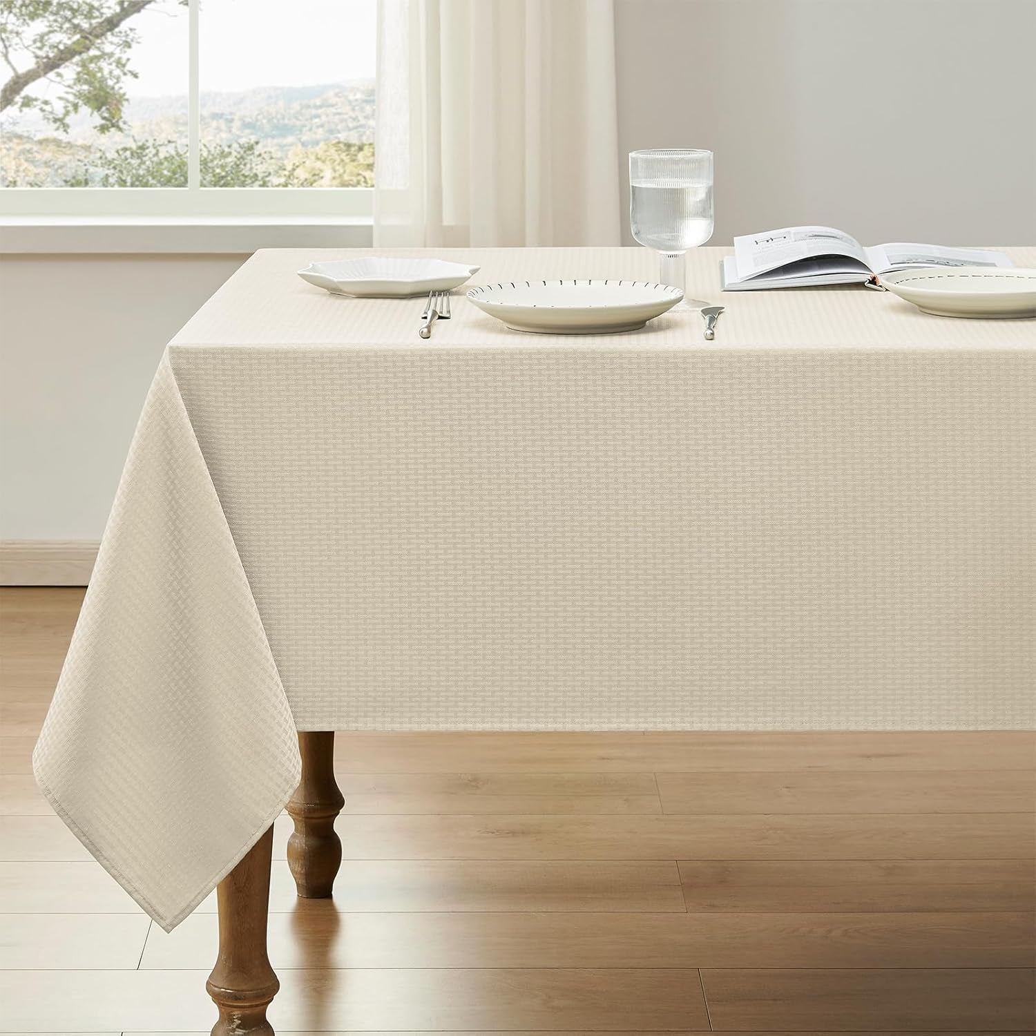 Rectangle Tablecloth Weaved Textured Water Resistant Spill Proof Table Cloth, Decorative Fabric Wrinkle Free Table Cover for Events and Dinner, 60 X 84 Inch, Ivory