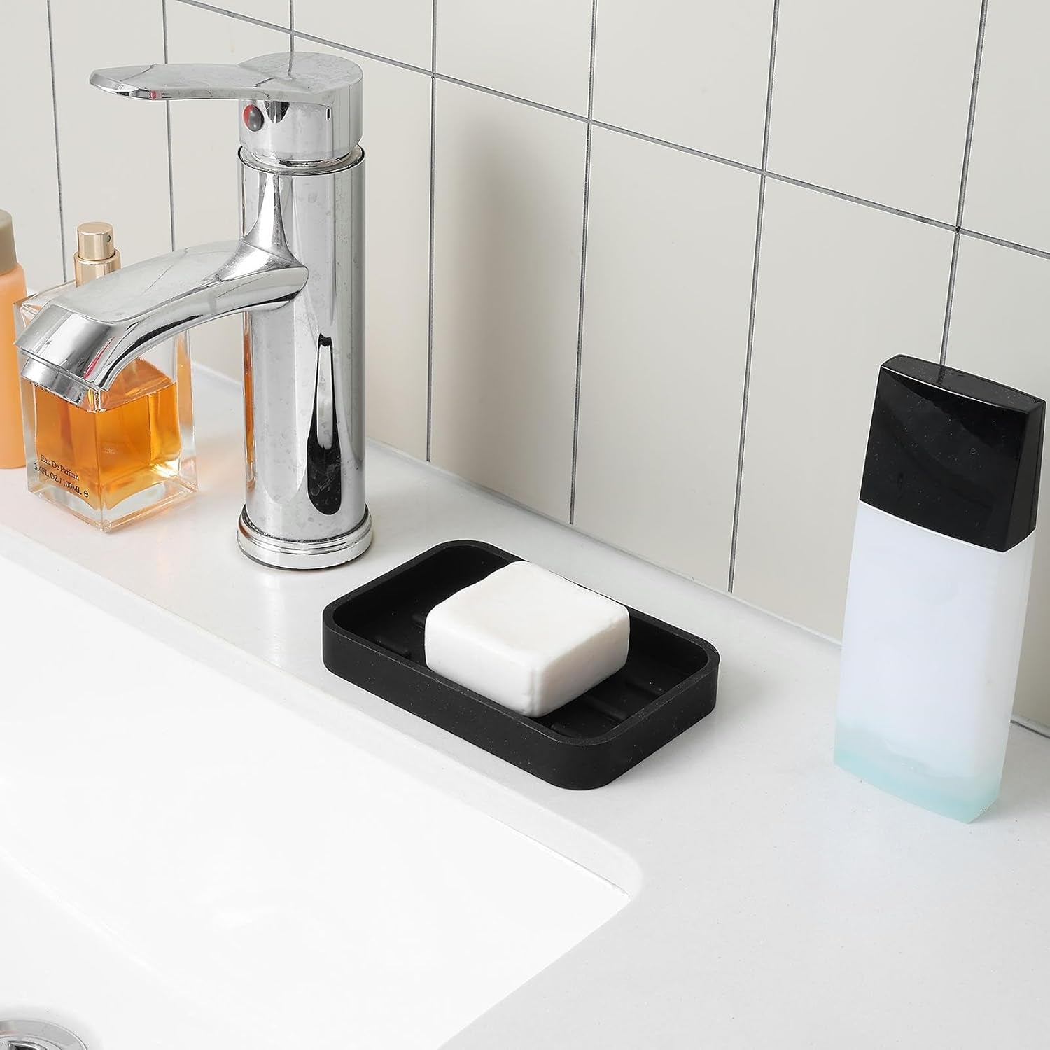 Silicone Kitchen Sink Organizer Tray for Multiple Usage,Easy Clean Sponges Holder for Kitchen Bathroom Counter or Sink,Dish Soap Dispenser,Scrubber,Bottle,Cup Black 4.9”X 3.2”