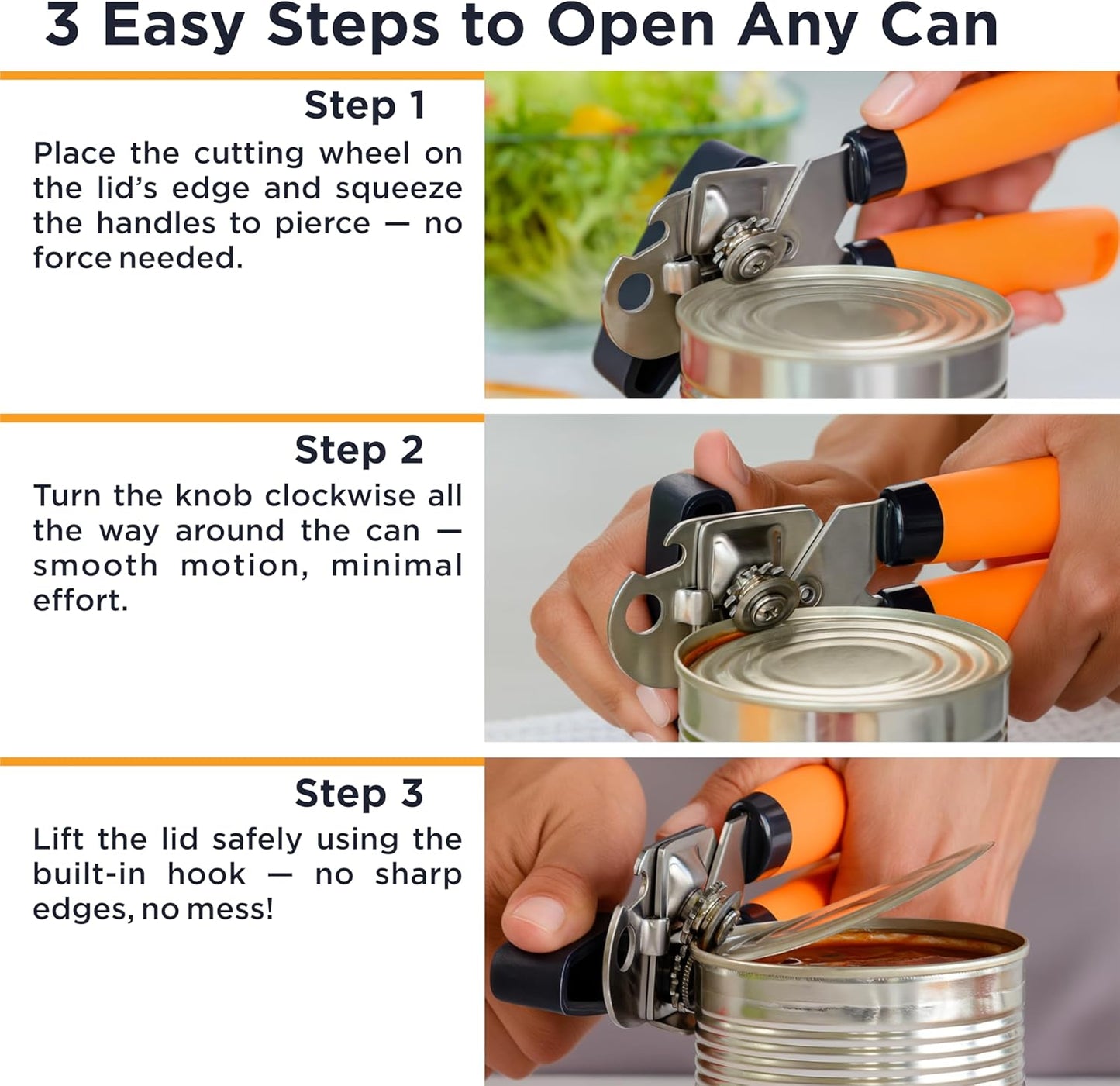 PRO Hand Held Can Opener – Smooth Edge Can Opener Manual & Bottle Opener, Heavy Duty Stainless Steel Can Openers, Effortless Turn Knob, Sharp Blade for Easy Cutting, Non-Slip Ergonomic Handle